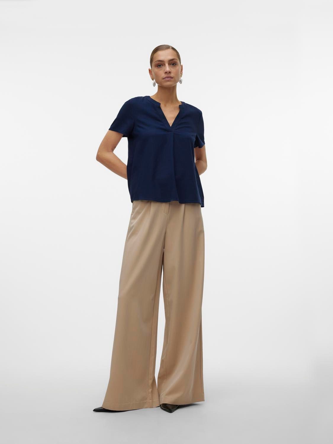 Vero Moda Blusenshirt VMMYMILO SS V-NECK TOP WVN GA mit Leinen