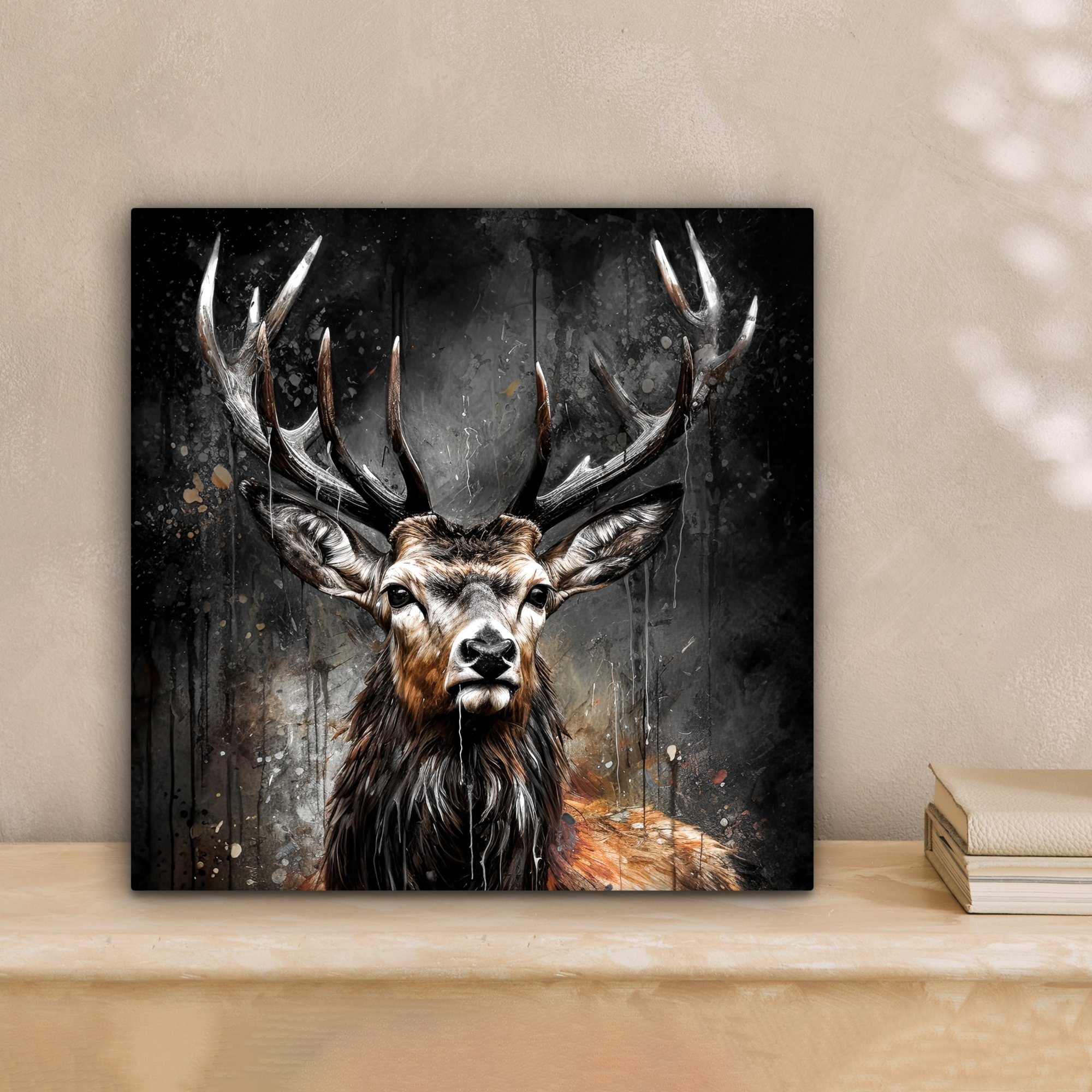 OneMillionCanvasses® Leinwandbild Hirsch - Schwarz - Tier - Hirschkopf, Fotodruck (1 St), Wandbild, Deko Schlafzimmer Wohnzimmer Flur 20x20 cm