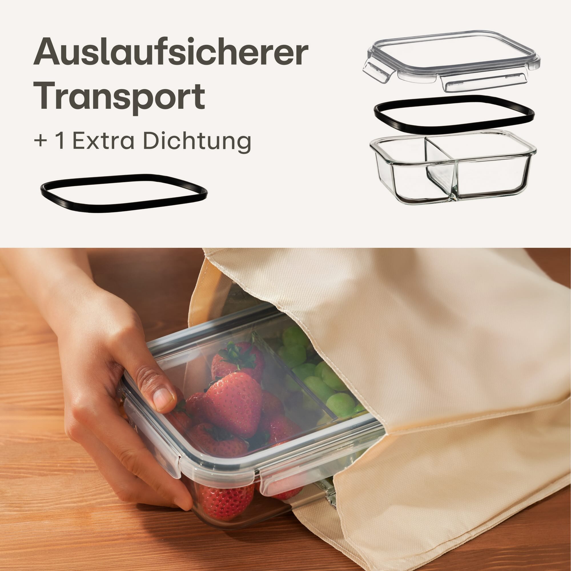 Praknu Lunchbox Meal Prep Boxen Glas 2 Fächer - 2er Set Glass Meal Prep Containers 1l, Borosilikatglas mit BPA-freiem Kunststoffdeckel und Silikon, (Set), 1000 ml Glasbehälter Ofenfest - Bento Box Zum Einfrieren - Tupper