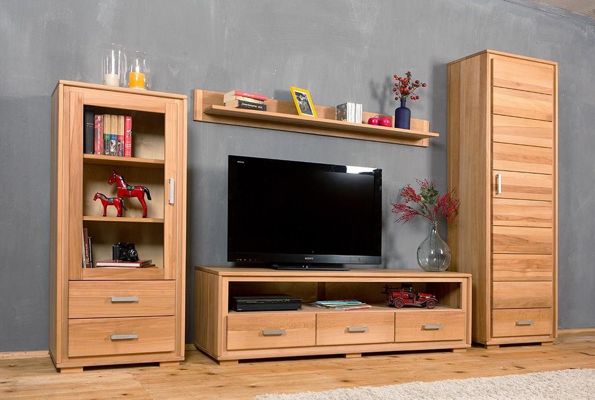 Trendmöbel24 Wohnwand 1x Wohnwand TV Set VIII Kernbuche Genf (Komplett-Set, 4-teilig, geölt 1x Lowboard, 1x Schrank, Wandboard) 1x Vitrine, Massivholz 4-St., gewachst