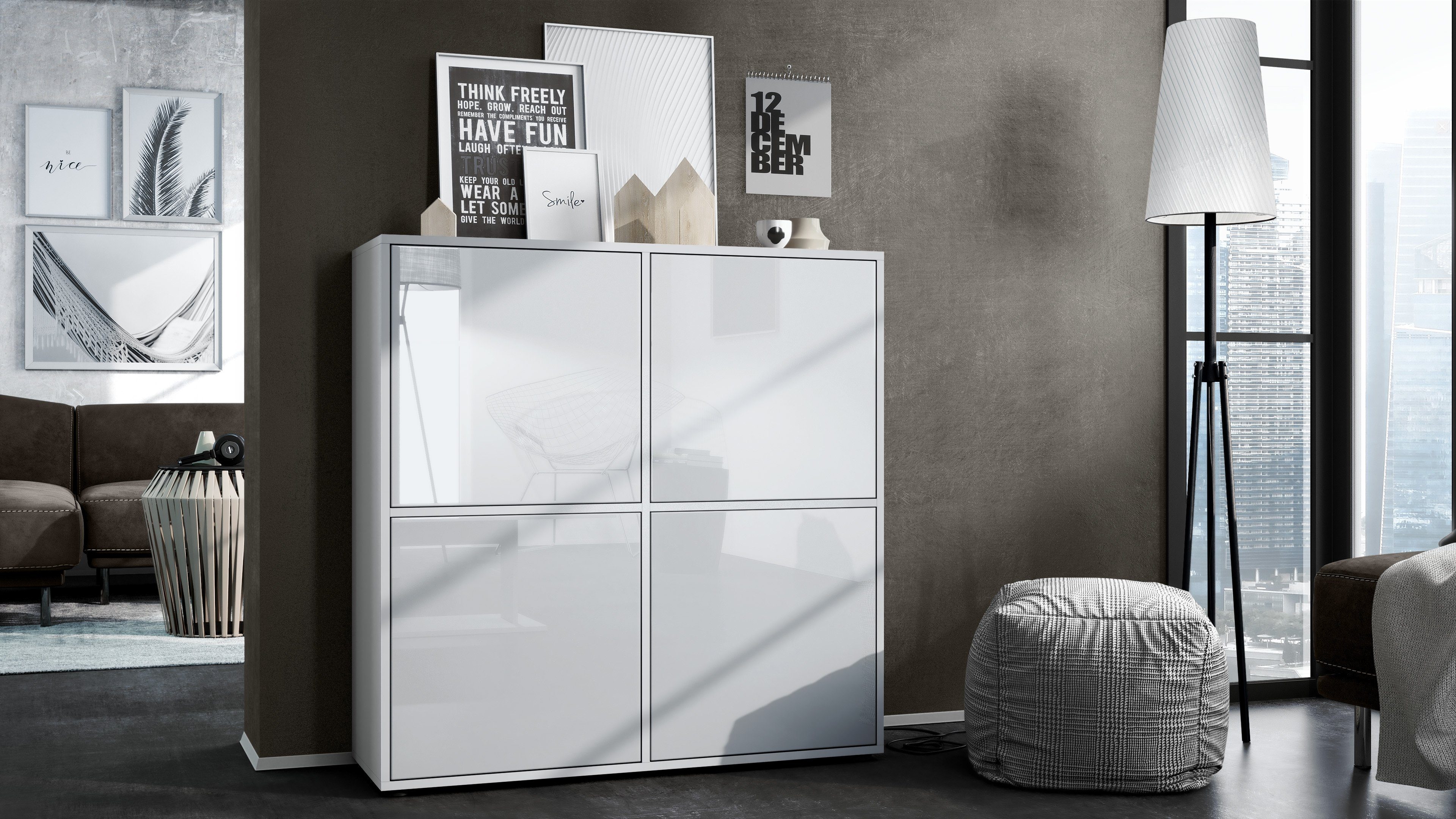 Vladon Highboard Cuba V2 (Schrank, 104 x 105,5 x 35,5 cm Sideboard mit 8 Fächern), Korpus in Weiß matt / Fronten in Weiß Hochglanz