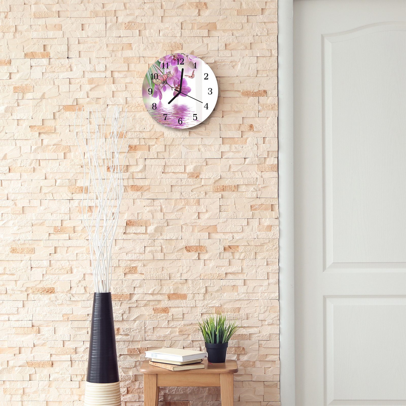 Primedeco 30 mit Glas - mit aus Wanduhr Schmetterling Wanduhr Rund Motiv cm und und Durchmesser Orchideen Quarzuhrwerk