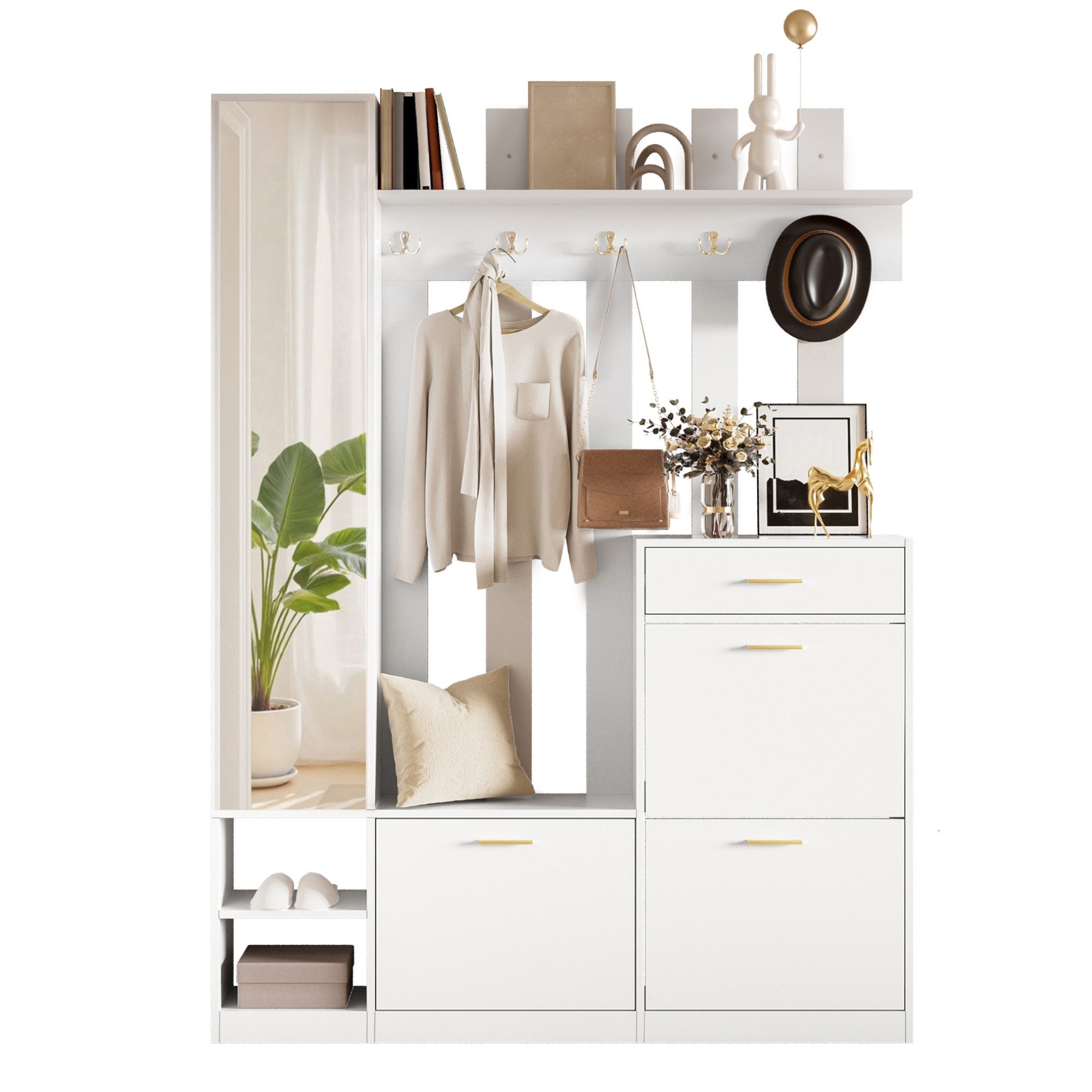 Refined Living Garderoben-Set Schmale Garderobe mit Spiegel, 3 Schuhkippern & Haken, Weiß, (B133×T23,5×H180 cm, Garderoben-Set, Schuhkipper, Spiegel, Schublade, viele Haken, platzsparend, 1-St., extra schmal, All-in-One Möbel, viel Stauraum, modern, Weiß), für Flur, Diele, Korridor, kleine Wohnungen