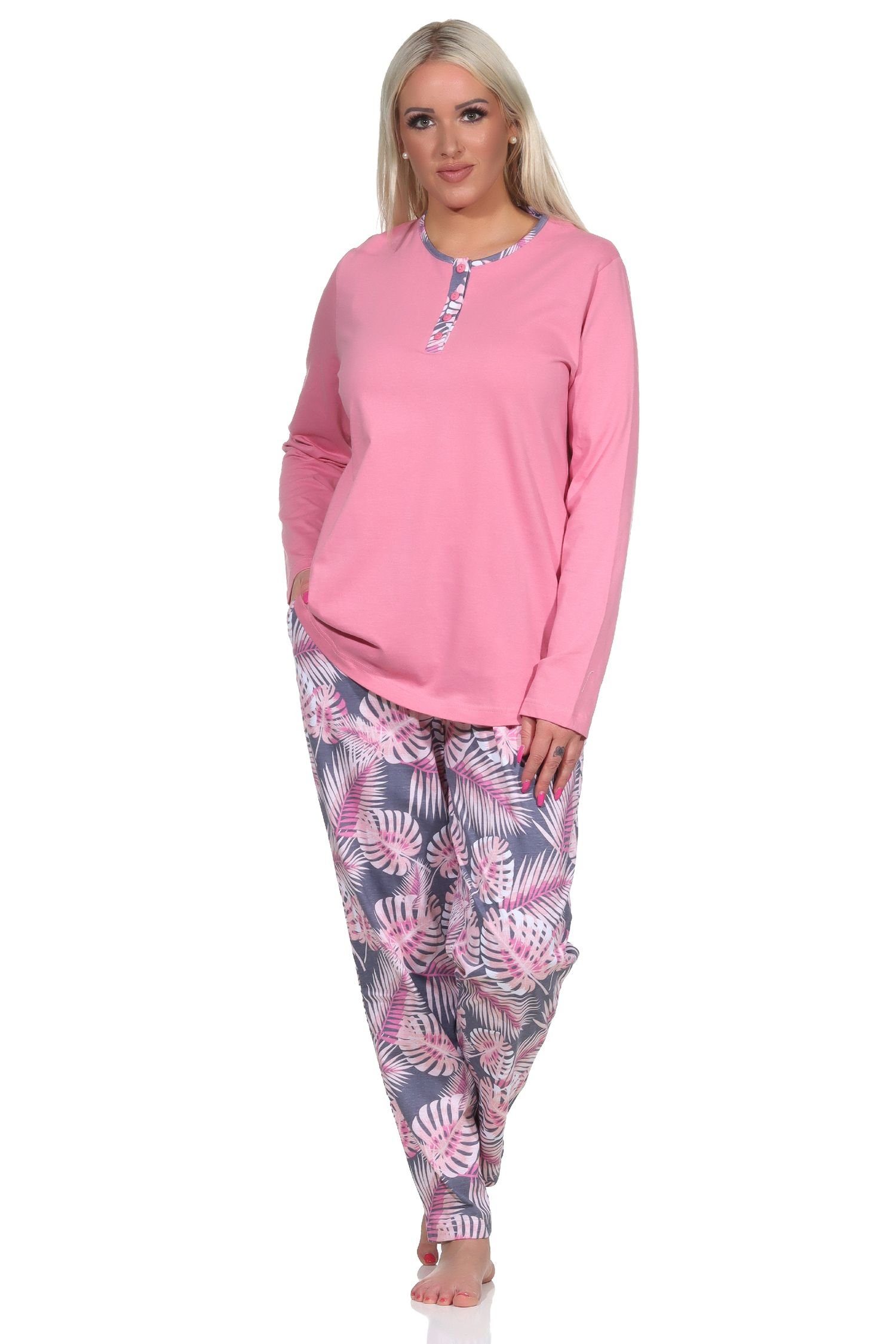 floralem pink Übergrößen Schlafanzug Normann Damen Hose auch mit in Pyjama - Print in
