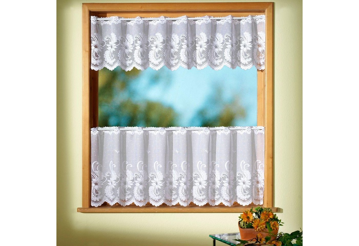 Weckbrodt Scheibengardine Flensburg (1 St), Stangendurchzug, halbtransparent, Jacquard, Bistro, Jacquard,strukturiert, floral, Bordüre, gebogt, Gardine, Store