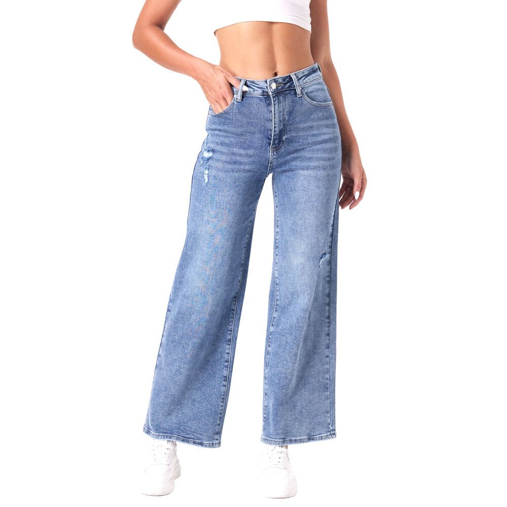 Ital-Design Dad-Jeans Damen Wide Leg Jeans High Waist Casual Denim (91767265) Destroyed-Look Stretch High Waist Jeans in Blau