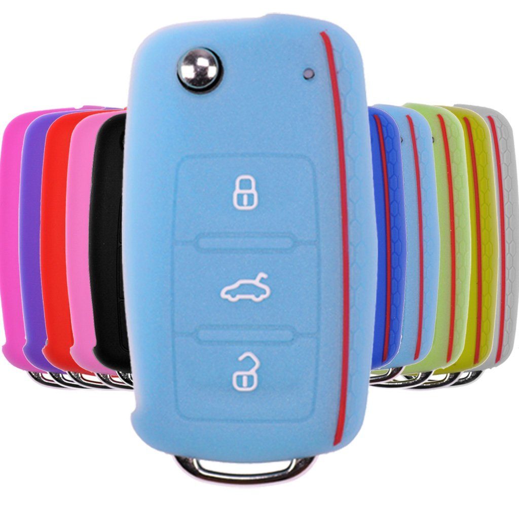 mt-key Schlüsseltasche Autoschlüssel Silikon Schutzhülle im Wabe Design Fluoreszierend Blau, VW SEAT Skoda Golf 6 Octavia UP Leon ab 11/2009 3 Tasten