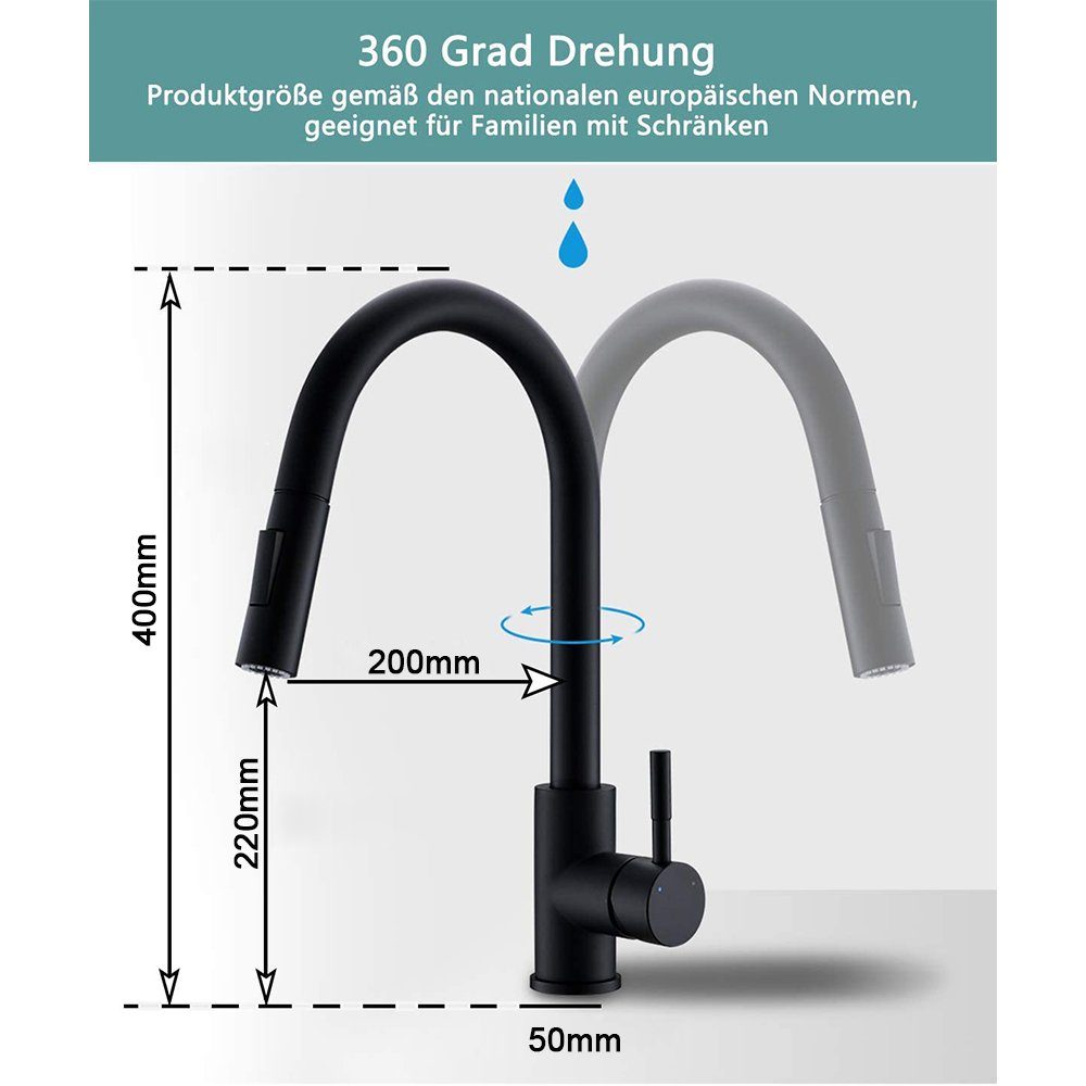 XERSEK Waschtischarmatur mit Küche) gebürstet, ausziehbar Strahlarten, Mischbatterie Küchenarmatur Küche 360° Spültischarmatur aus 2 Hochdruck Edelstahl (Wasserhahn drehbar für