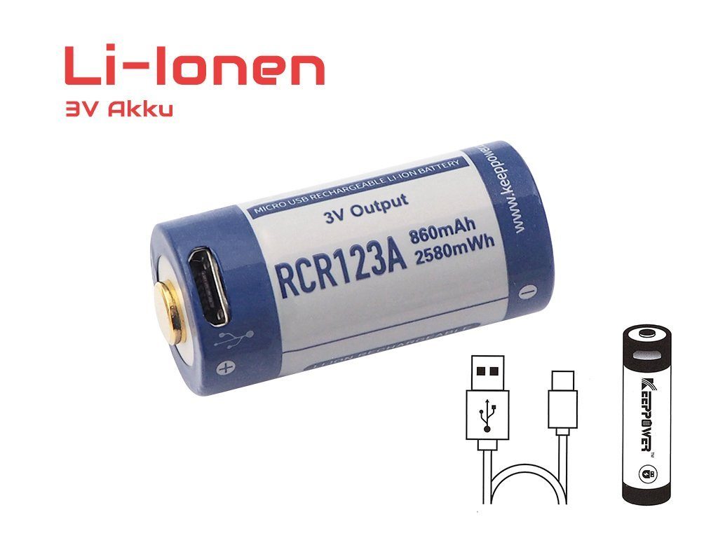 16340, 880mAh Lithium Akku Akku 1,5A wiederaufladba RCR123A Keeppower Ionen 3.0 Volt