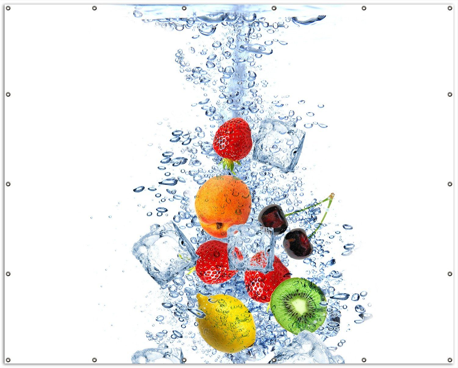 Thumbnail - Wallario Sichtschutzzaunmatten Obst-Eiswürfel-Mix im Wasser mit weißem Hintergrund, rund