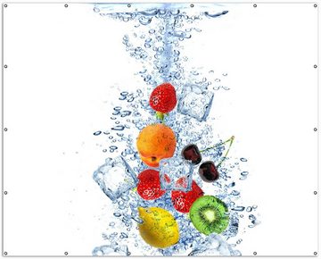 Wallario Sichtschutzzaunmatten Obst-Eiswürfel-Mix im Wasser mit weißem Hintergrund