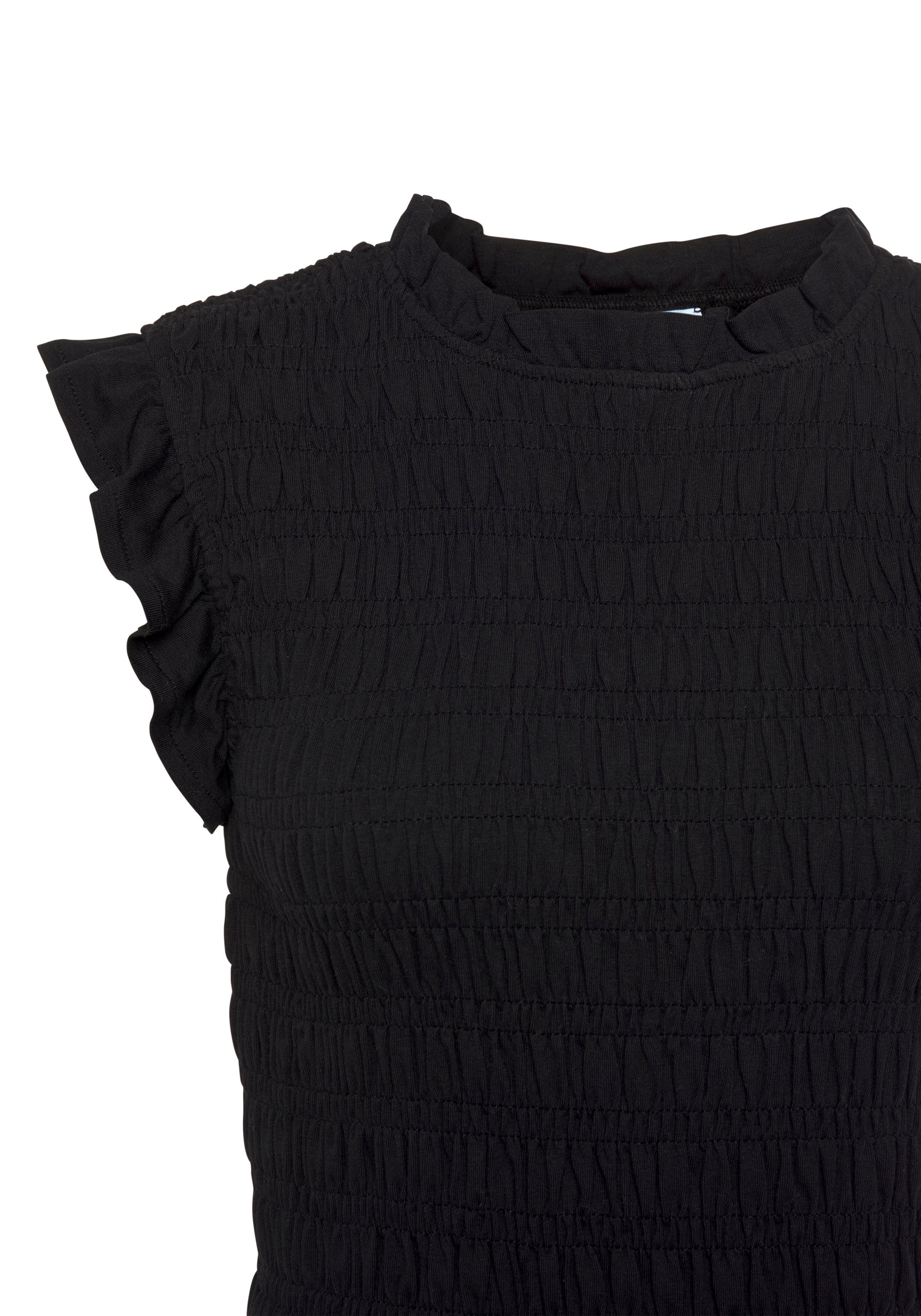 Buffalo Rundhalsshirt aus schwarz Baumwollstoff gesmoktem