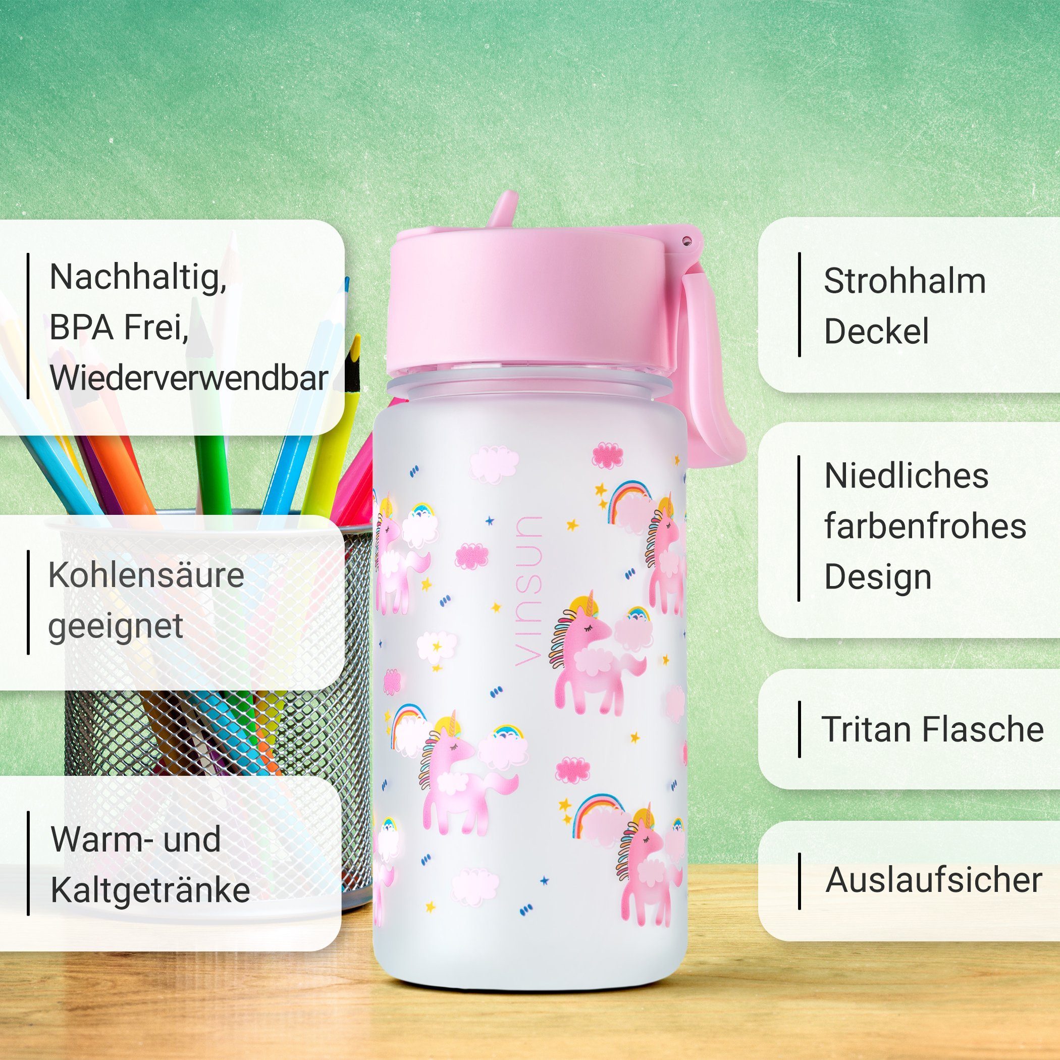 Vinsun Trinkflasche Tritan Flasche 500ml Kinder Wasserflasche mit Strohhalm auslaufsicher, BPA frei, bruchsicher, geruchs- & geschmacksneutral, geringes Gewicht