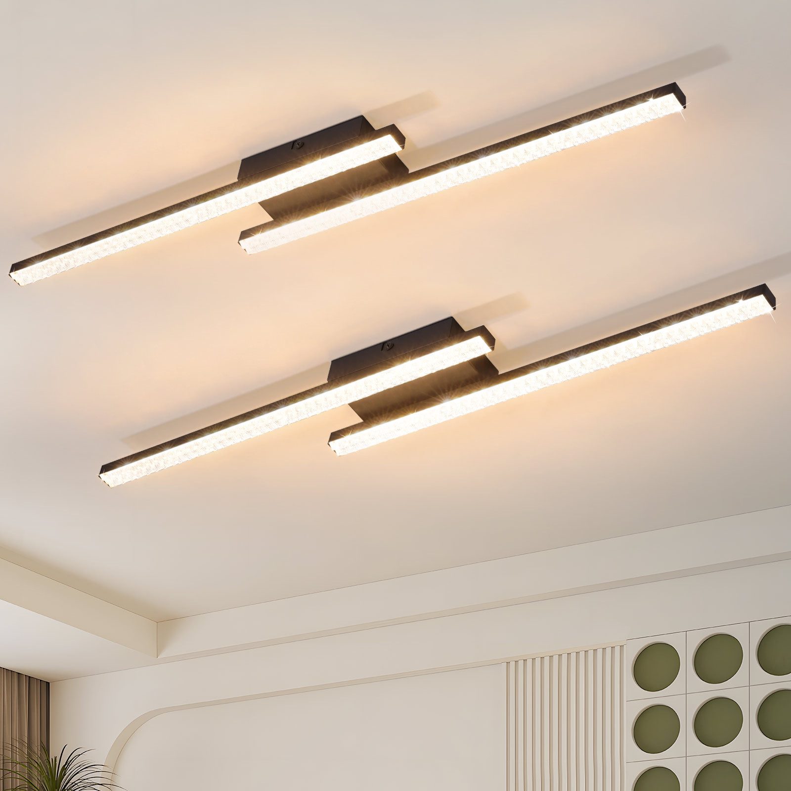 Nettlife LED Deckenleuchte Flur Wohnzimmer Schwarz moderne Kristall Deckenlampe 12/24W, LED fest integriert, Warmweiß, Kristalle 12W 61.5*7*4.3 für Wohnzimmer Flur Schlafzimmer
