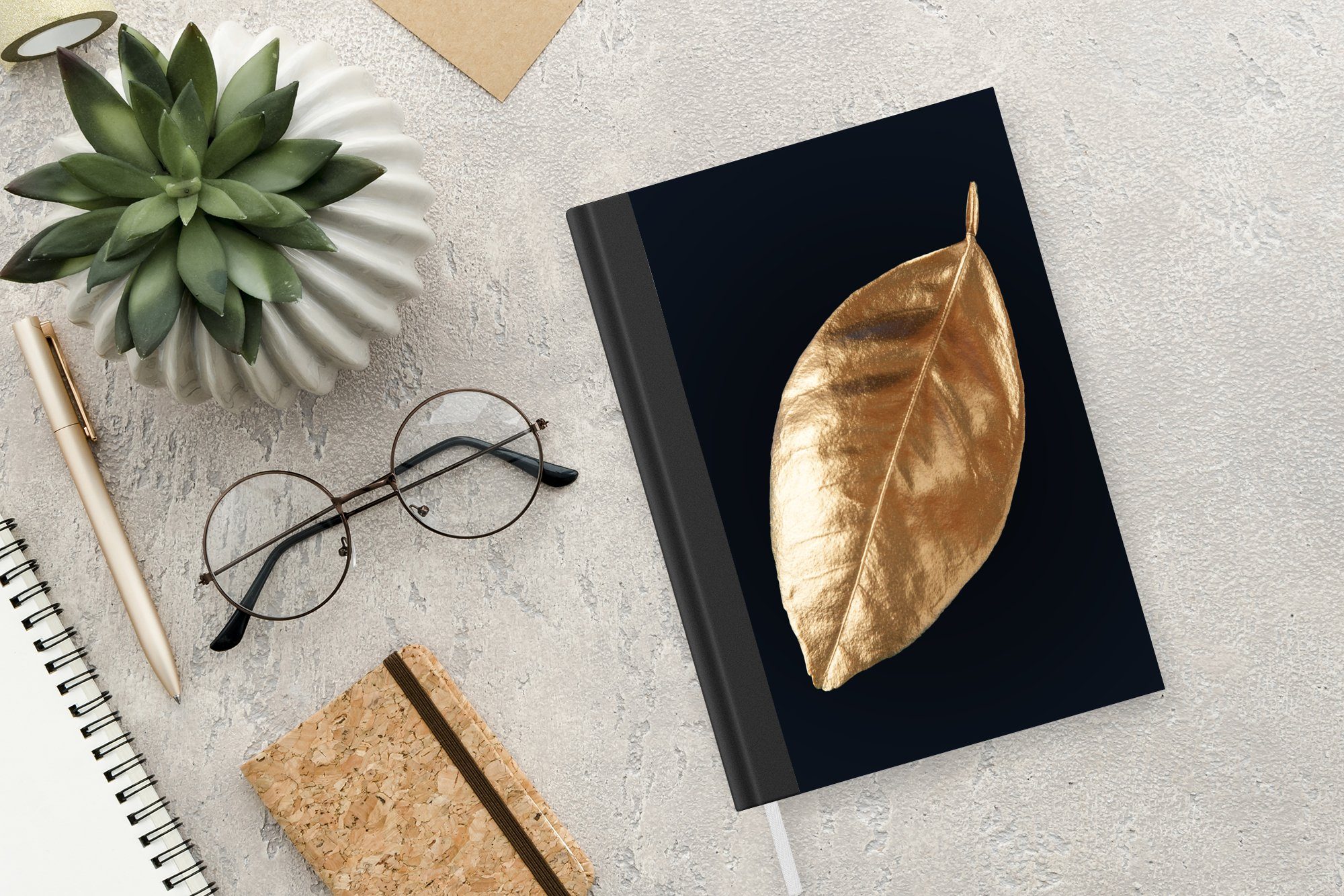 Gold Haushaltsbuch Tagebuch, - Schwarz Journal, Merkzettel, Notizbuch Seiten, MuchoWow Notizheft, und Blätter Luxus 98 - - A5, Natur - Pflanzen,