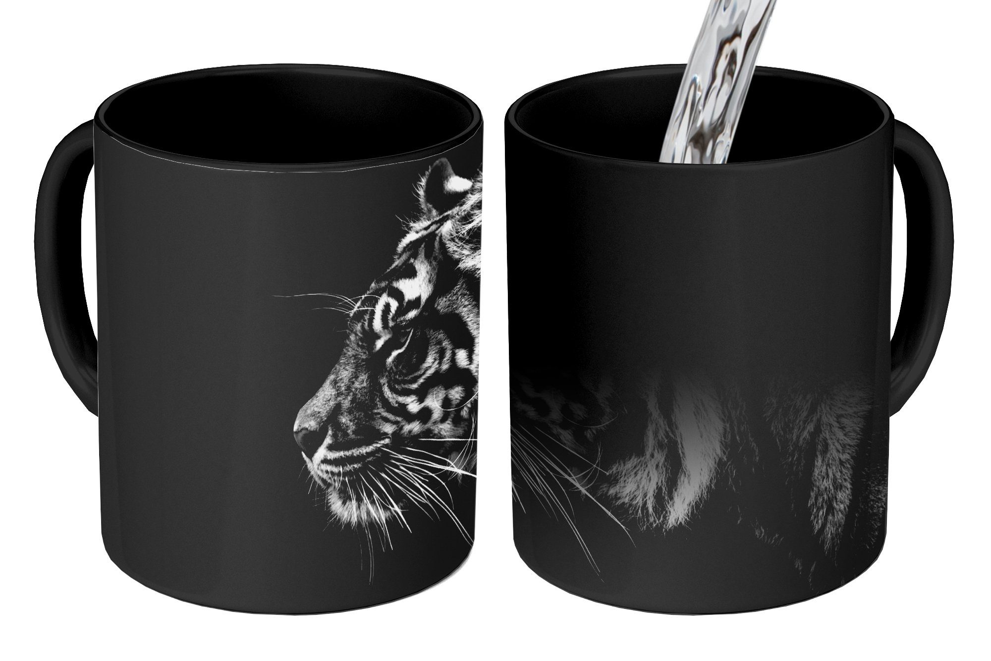 MuchoWow Tasse Tiger auf schwarzem Hintergrund in schwarz und weiß, Keramik, Farbwechsel, Kaffeetassen, Teetasse, Zaubertasse, Geschenk