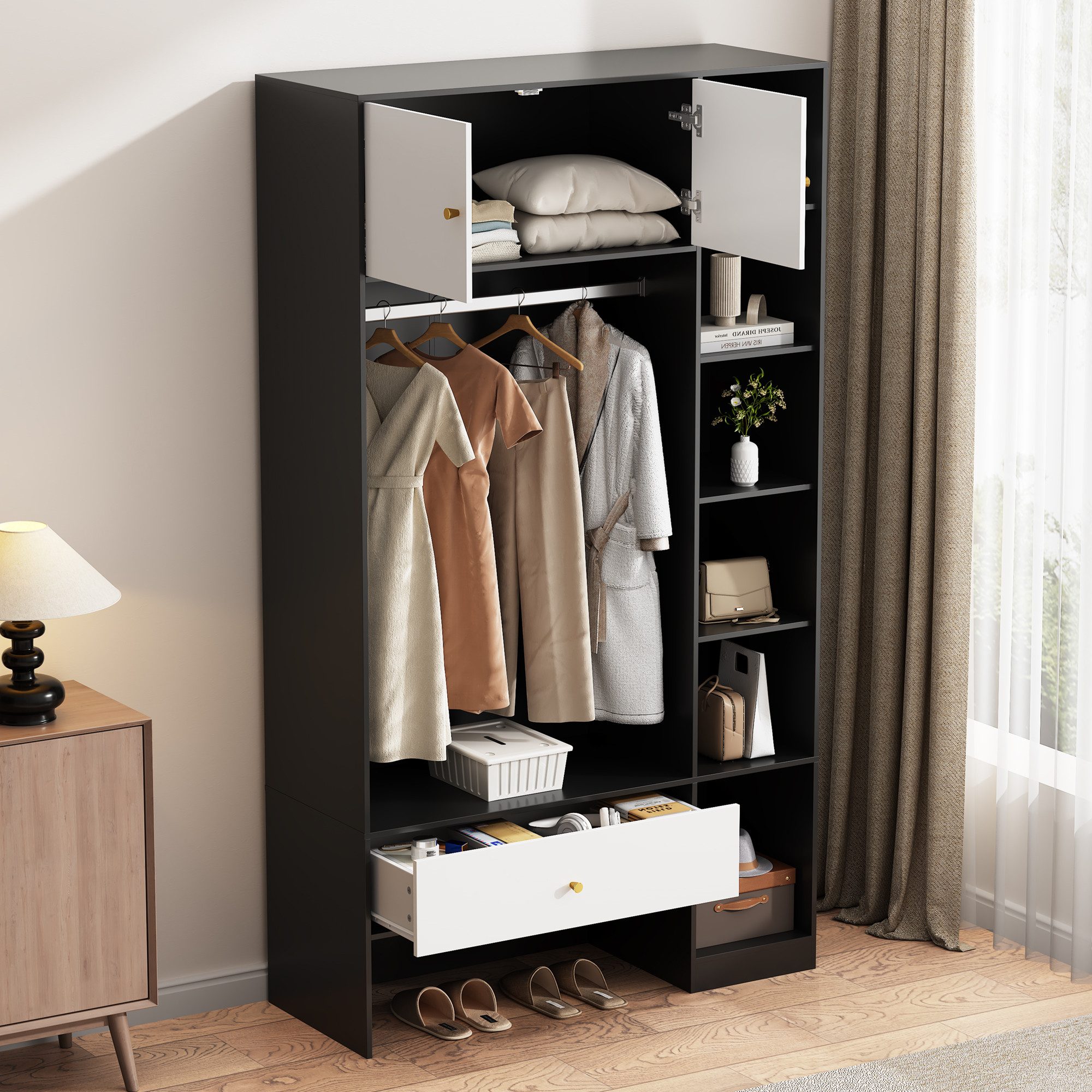 STILVORA Garderoben-Set Kleiderschrank mit Schublade & Kleiderstange für Wohn-,Schlaf und Flur, (Flurgarderobe– Garderobenset mit Kleiderstange & Schublade Weiß+Schwarz, 1-St., B40/T105/H185 cm)