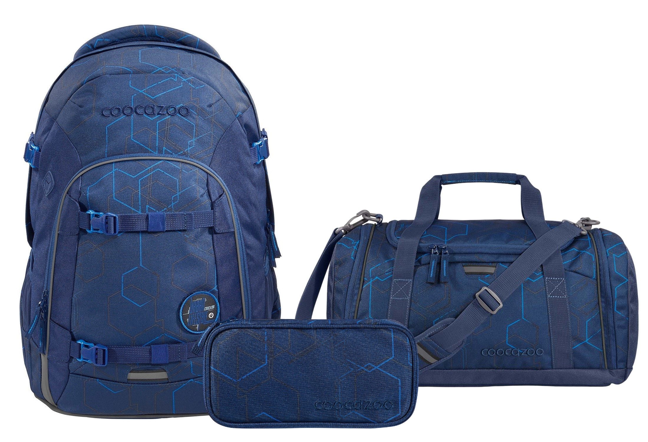coocazoo Schulranzen Schulrucksack-Set JOKER Blue Motion 3-teilig (3 Stück), ergonomisch, Körpergröße: 135 - 180 cm, reflektiert