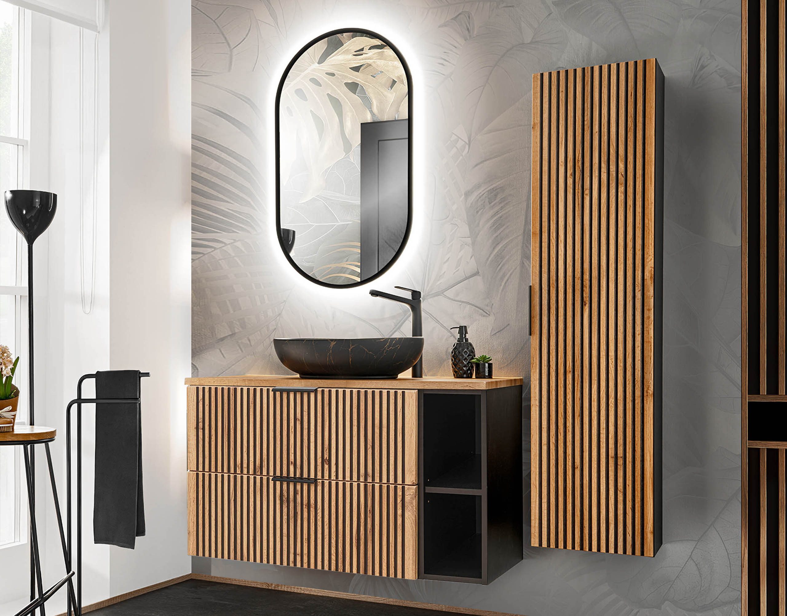 einfachgutemoebel Waschtisch-Set Bad Set 3-teilig TRIBUNE 100cm, Regal Becken blk, Black- Wotan-Eiche, (Badmöbel Set, 1-St., Waschtisch SET 3-teilig)