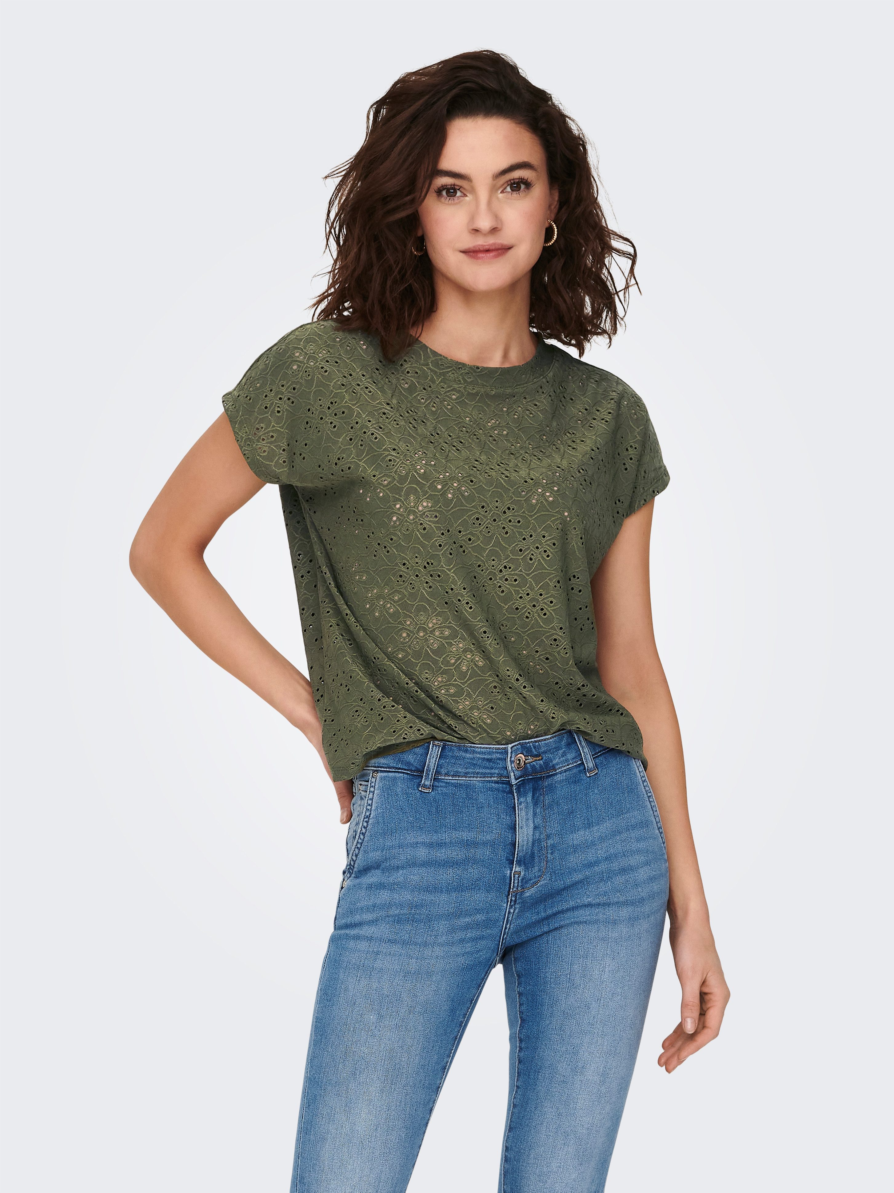 ONLY Kurzarmshirt ONLSMILLA LIFE S/S TOP JRS NOOS regular fit, modisch, Single Jersey, Materialmix, Rundhals