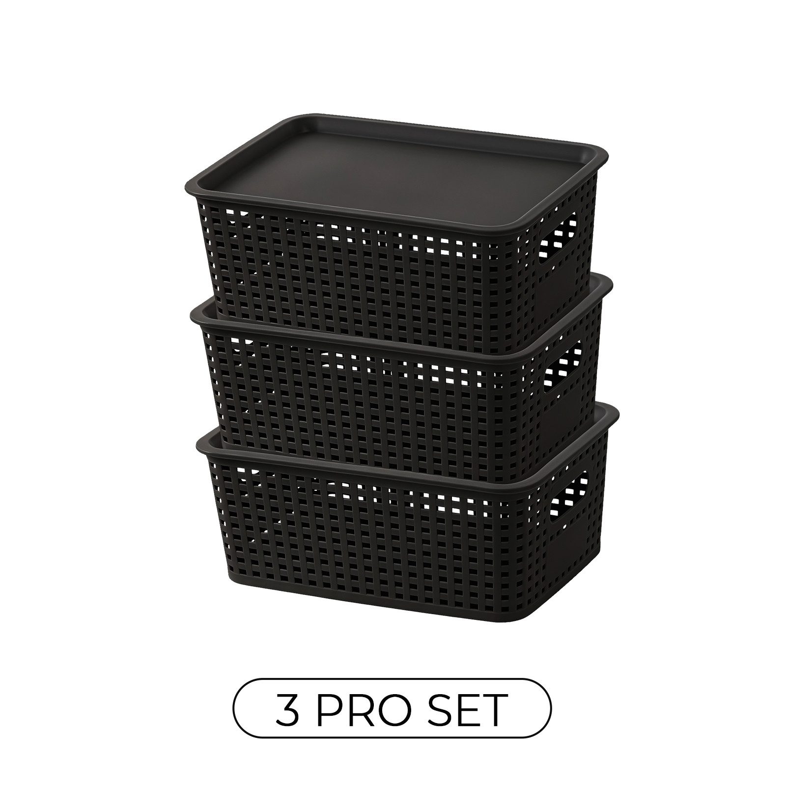 PFCTART Aufbewahrungsbox Stapelbare Aufbewahrungsboxen mit Deckel, Kunststoff-Organizer (Set, 3 St., Für Küche, Bad, Büro & Schrank – wählbar als 3er-Set), Platzsparend, faltbar & robust aus PP – mit Seitengriffen