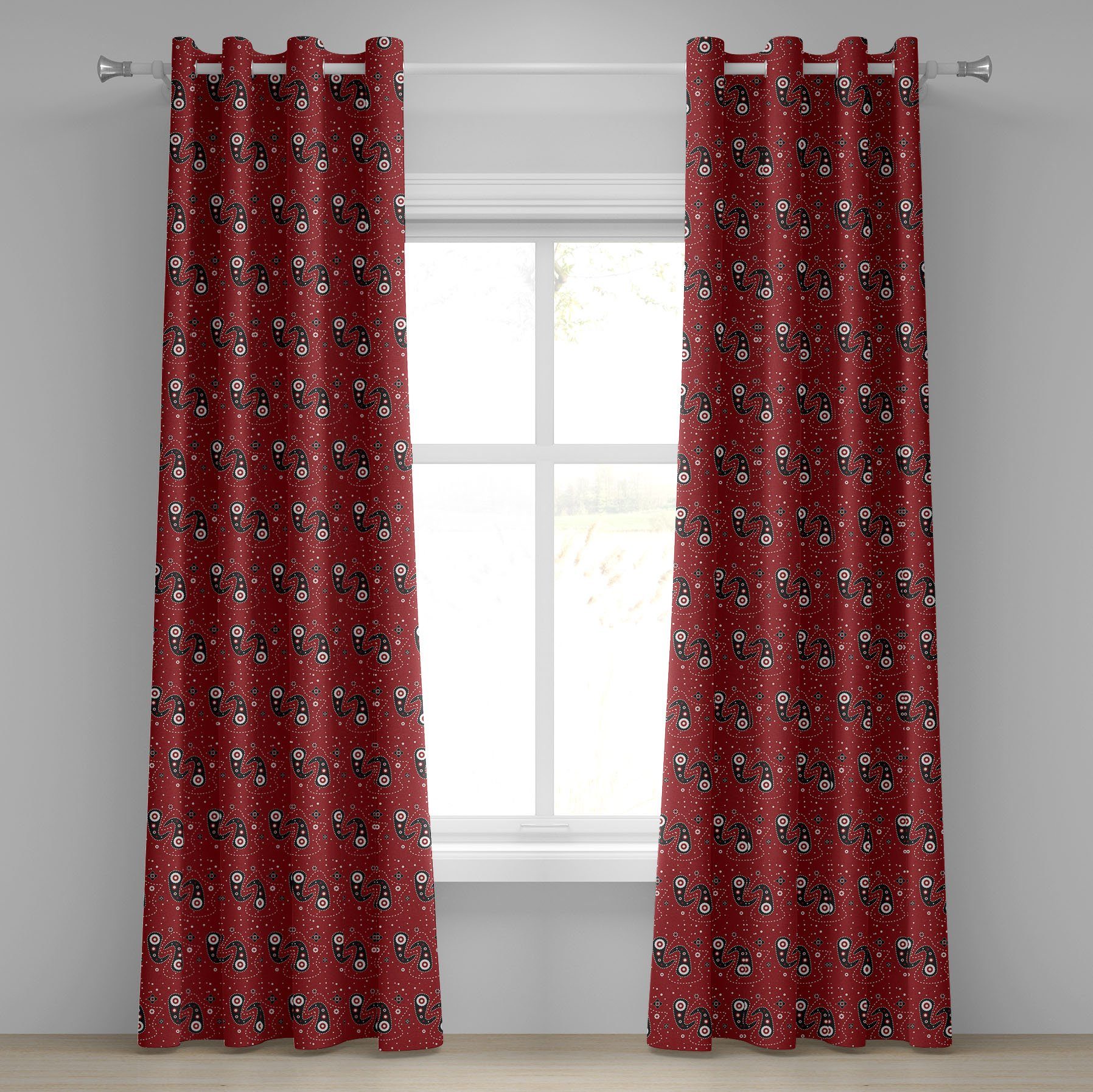 Gardine Dekorative 2-Panel-Fenstervorhänge für Schlafzimmer Wohnzimmer, Abakuhaus, rot schwarz Paisley Blumen-Punkte