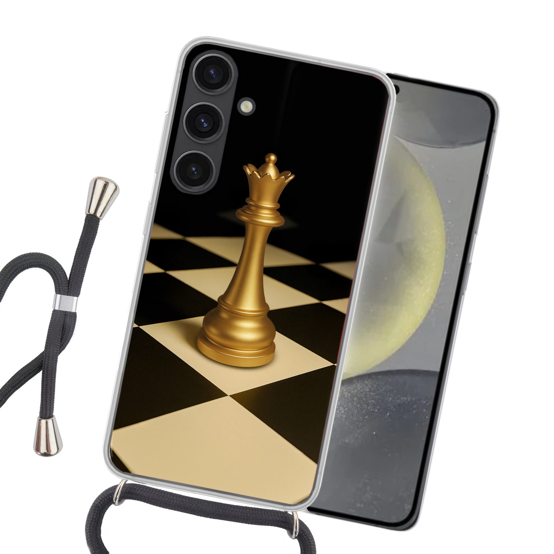MuchoWow Handyhülle für Samsung Galaxy S24 Plus Dame - Schachfigur - Blockiert - Gold, Tragbare Handyhüllen mit Kette zum umhängen, Handykette Handyband