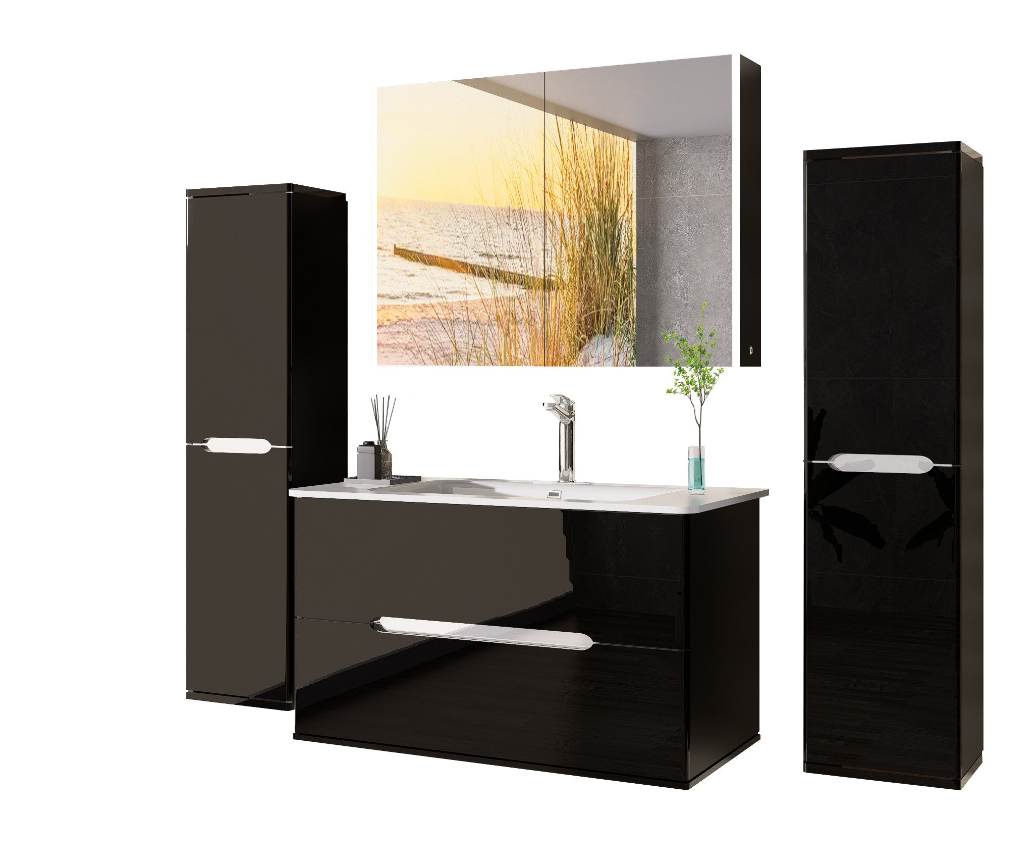 Homeline Badmöbel-Set Sky Badmoebel Set Schwarz Weiß Eiche Hochschglanz Spi günstig online kaufen