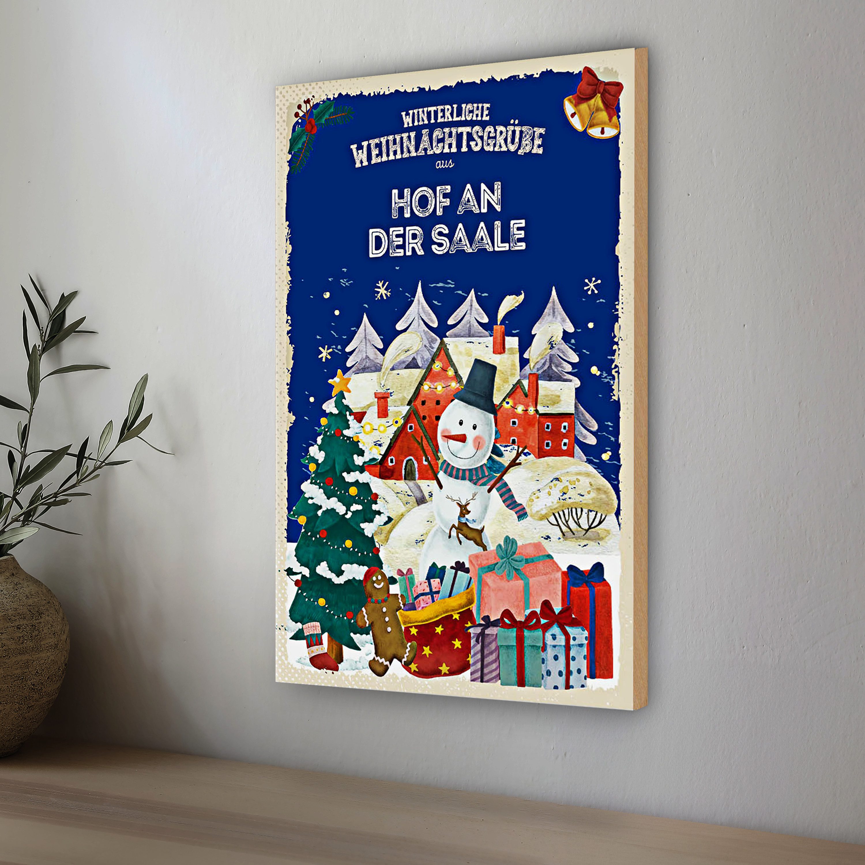 Roomando Holzbild Holzschild Weihnachtsgrüße HOF AN DER SAALE 20x30cm