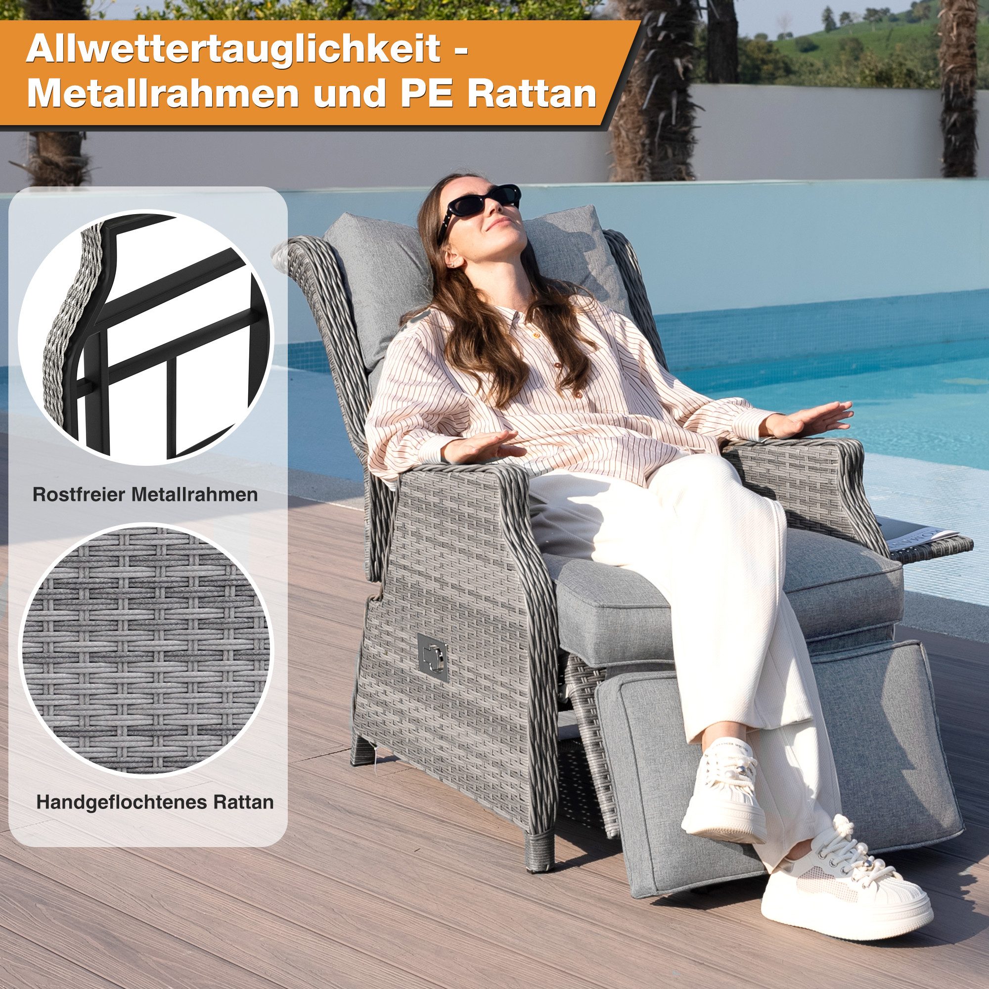 HOMECALL Rattanstuhl Gartensessel Indoor Verstellbar Liegestuhl Gartenliege günstig online kaufen