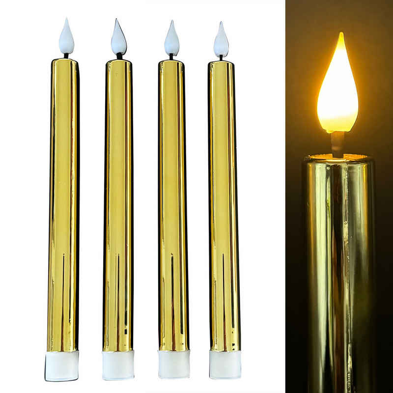 Online-Fuchs LED-Kerze 4 LED Stabkerzen SHINY mit glänzender Oberfläche inkl. Timer (Silber, Gold Ros), flackernde Flamme - 225