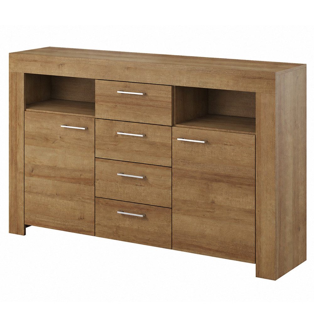 Lomadox Sideboard STEGNA-160, Eiche Nb., 155 cm breit, 2 Türen, Softclose-Funktion, 4 Schubladen