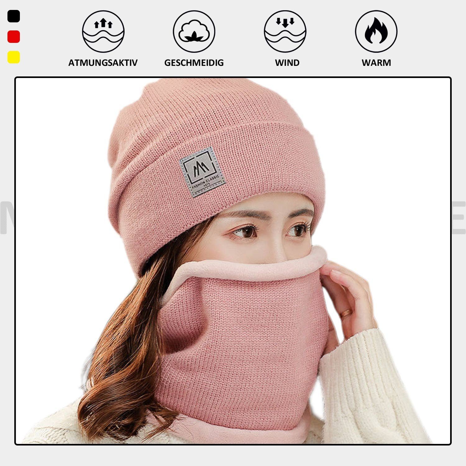 Wintermützen und Fleece Bommelmütze Schals Innenfutter Unisex für Rosa Wärme MAGICSHE