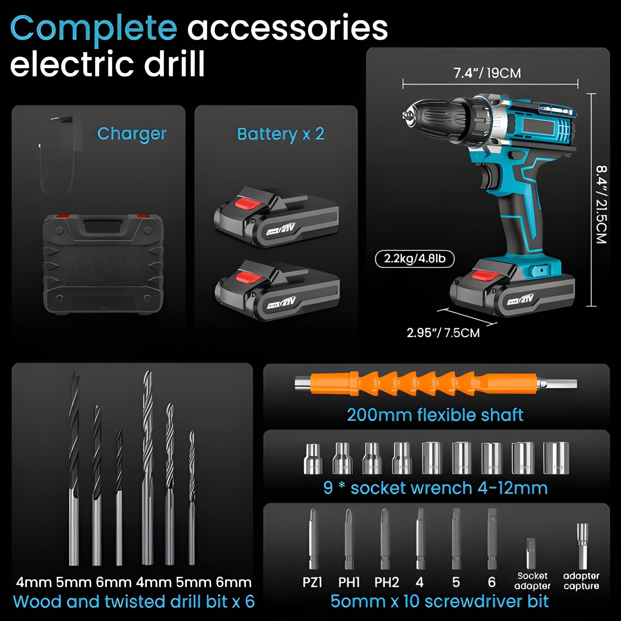 Athlix Akku-Bohrschrauber Akkuschrauber Akku Bohrschrauber Set Akku-Schlagbohrschrauber, 32-teiliges Set, 32 Drehmomenteinstellung, 2 Akkus