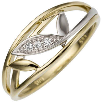 Schmuck Krone Diamantring Ring, Blätter 3 Brillanten, 585 Gelbgold Weißgold, Gold 585