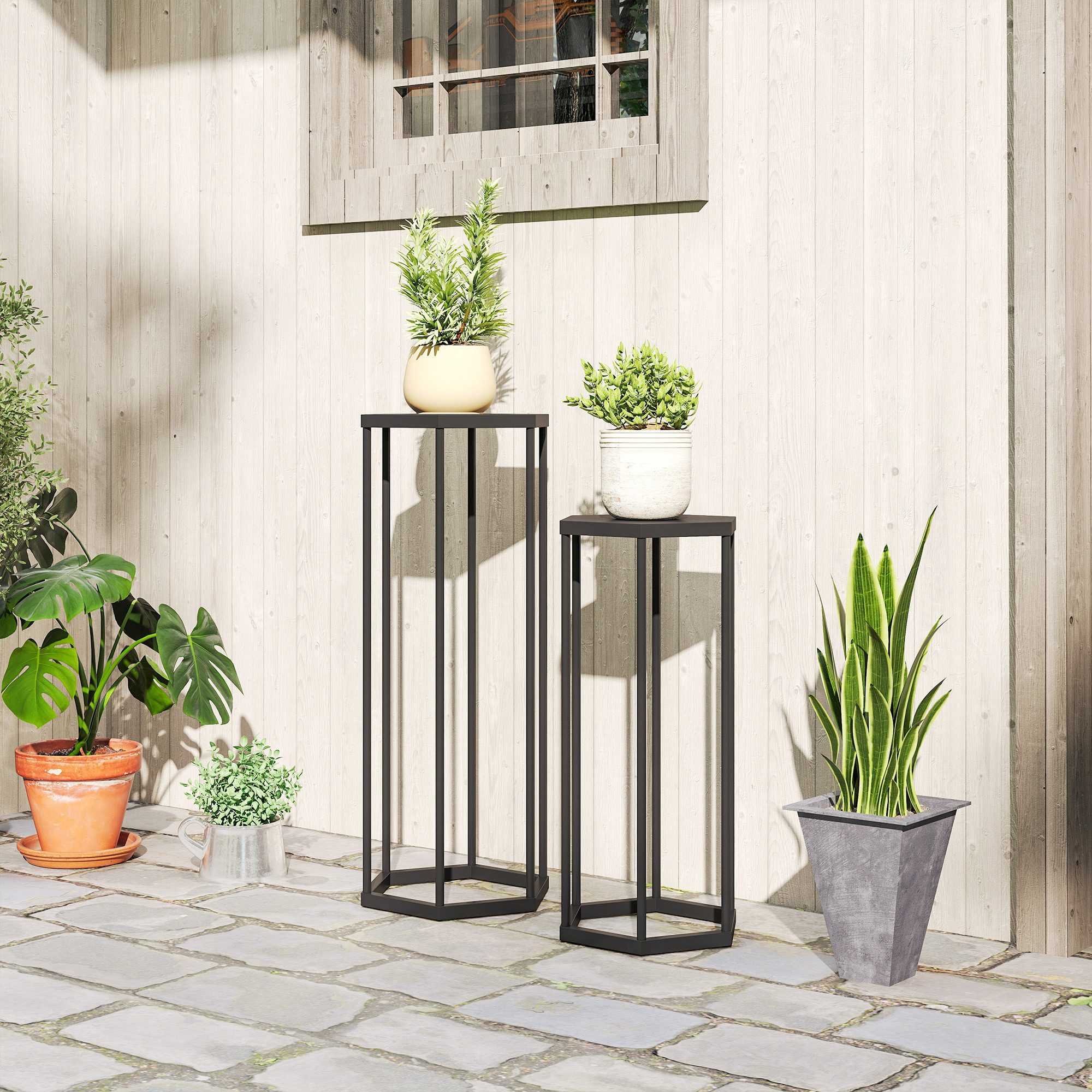 furnicato Pflanzentreppe Pflanzenständer Set Schwarz 75x27x31 cm und 60x25x28 cm (1 St), Rostgeschützter Blumenhocker mit hexagonalem Design für den Balkon