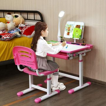 COSTWAY Kinderschreibtisch, mit Stuhl, Lampe & Schublade, höhenverstellbar