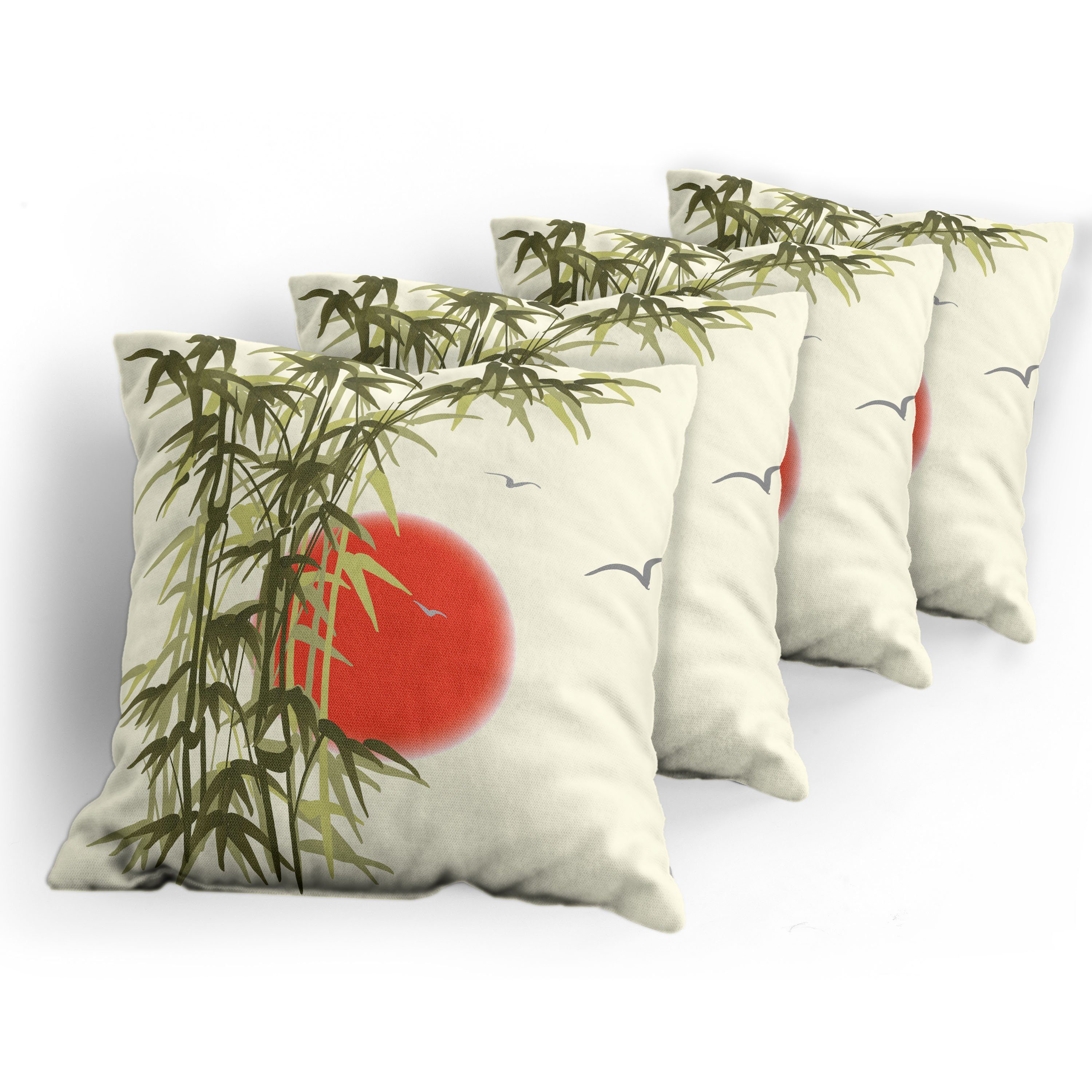 Kissenbezüge Modern Accent Abakuhaus Asian Stück), (4 Bambus auf Doppelseitiger Digitaldruck, Zweig Vögel Sonnenuntergang