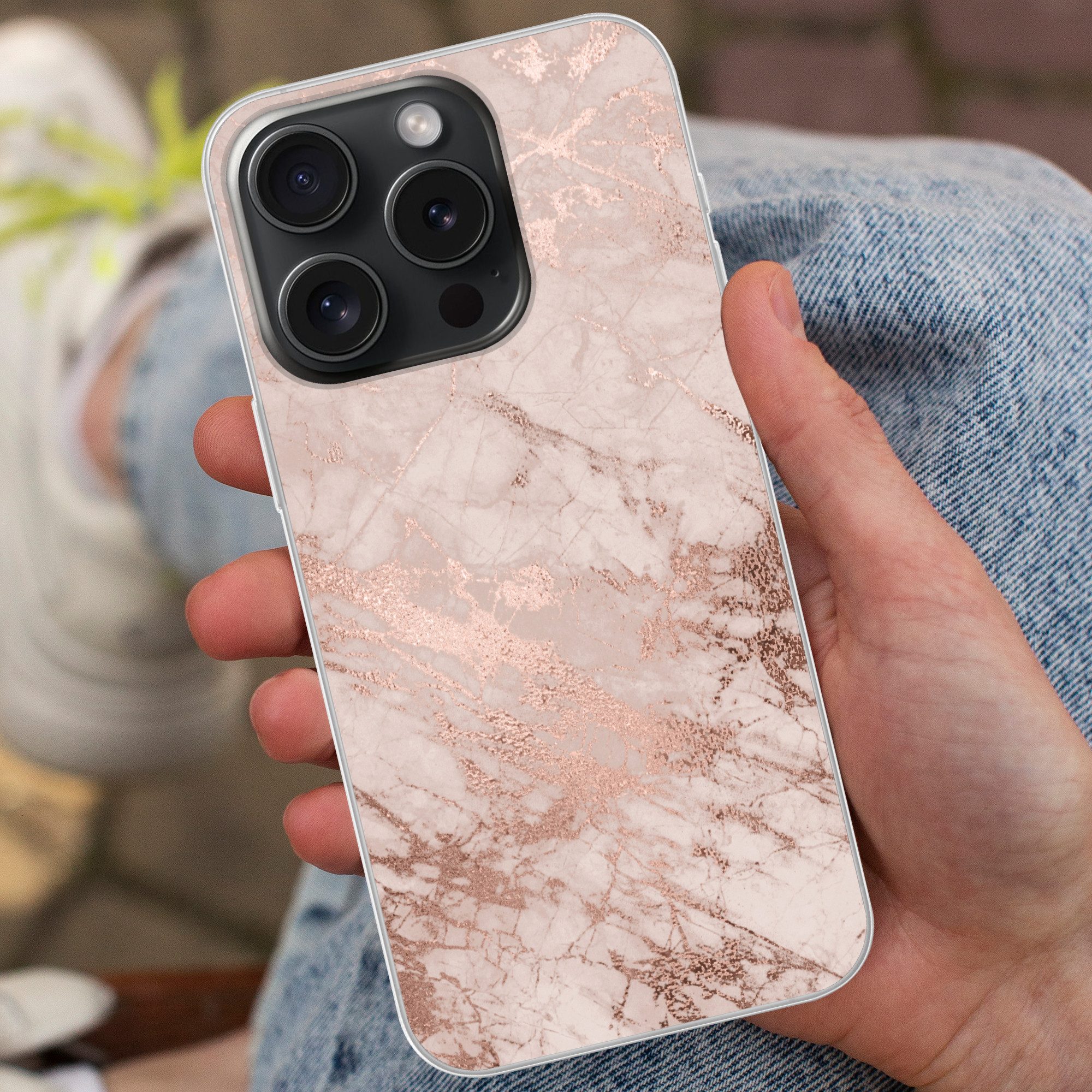 MuchoWow Handyhülle für Apple iPhone 15 Pro Marmor - Rosa - Luxus - Marmoroptik - Glitzer, Smartphone-Bumper, Print, Handy Schutzhülle Dünn