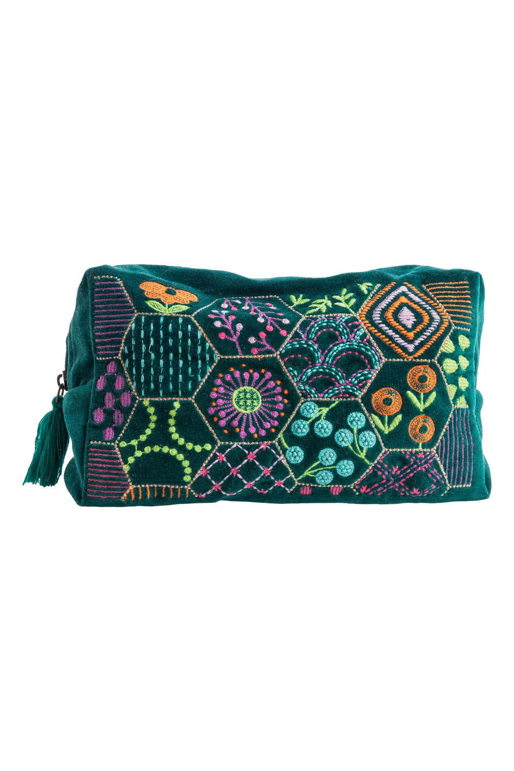 Tranquillo Kosmetiktasche aus Bio-Baumwolle VELVET BLOOM ART groß 24x14x8 cm mit Reißverschluss, Samt-Kulturbeutel mit bunter Stickerei für Accessoires und Makeup