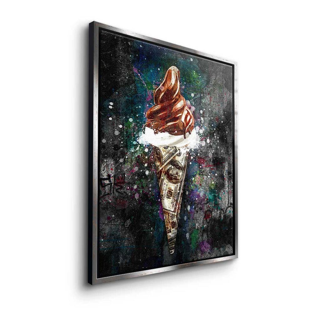DOTCOMCANVAS® Leinwandbild, Premium Leinwandbild Pop Motivationsbild - - Money Rahmen Art - Ice X Cream weißer