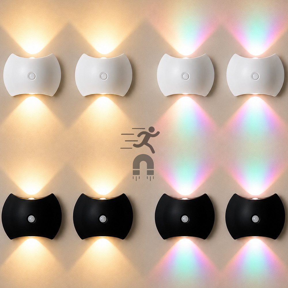 PRIISF Nachtlicht Wandleuchte ohne Stromanschluss Bewegungsmelder Akku Wandlampe Innen, USB-Aufladbare, Wand Lampe Batterie Flur Strahler Licht Up Down Kabellos Treppenlicht, Sonnenuntergangs Lichteffekt, 4500K Neutralweiß, 6500K Tageslichtweiß, RGB, 3000K Warmweiß, LED Wandbeleuchtung Wandlicht für Treppe Flur Wohnzimmer Schlafzimmer