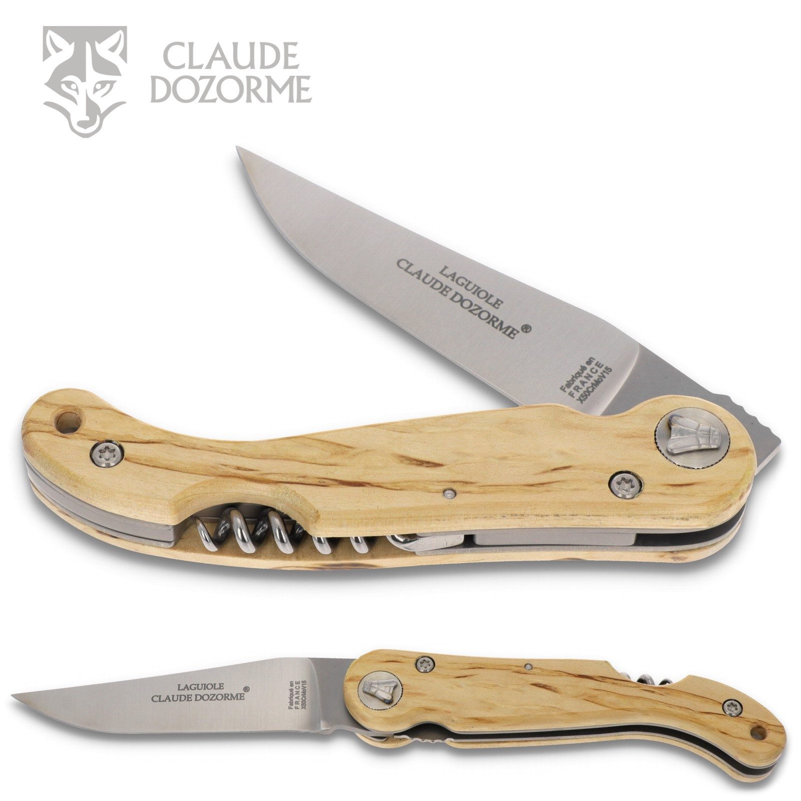 Claude Dozorme Taschenmesser 1.10.129.66, Laguiole Baroudeur - Griff 12cm Birke - Korkenzieher - Stahl satiniert
