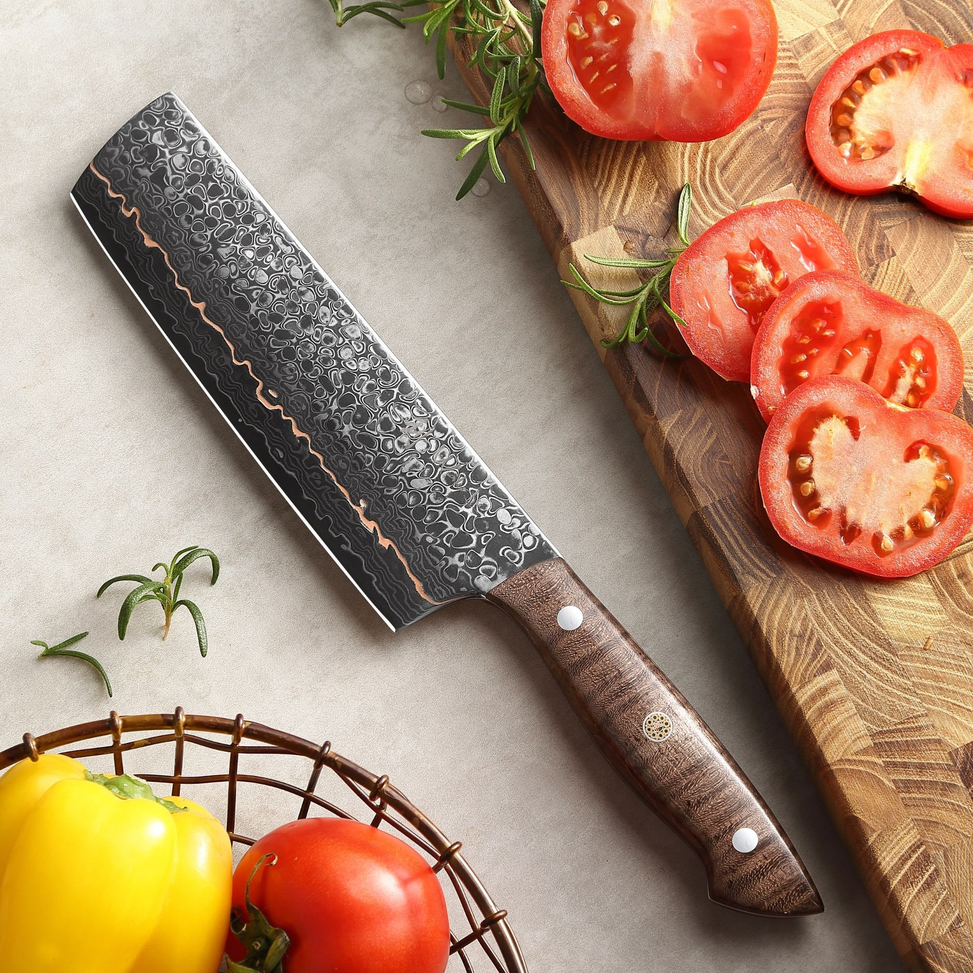 Wakoli Asiamesser Kawa Damast Nakiri Küchenmesser 18 cm Klinge mit Kupfereinlage, Damaststahl, Kupfereinlage, VG10