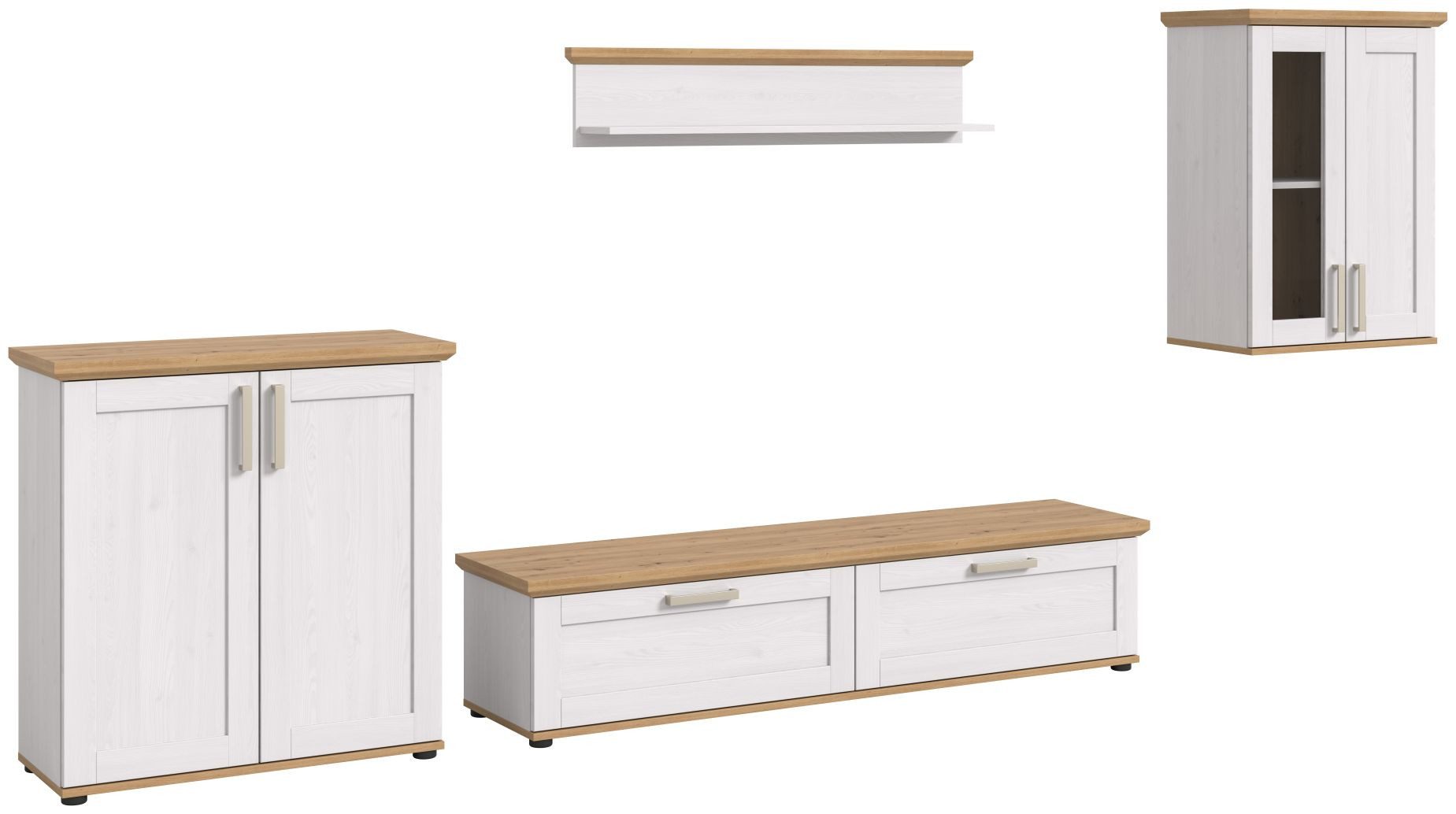 xonox.home Wohnwand Wohnkombination Verona, (4tlg. Set bestehend aus Highboard, Lowboard, Wandboard, Vitrine klein), Sibiu Lärche Nachbildung Melamin Modern 336x161x40 cm
