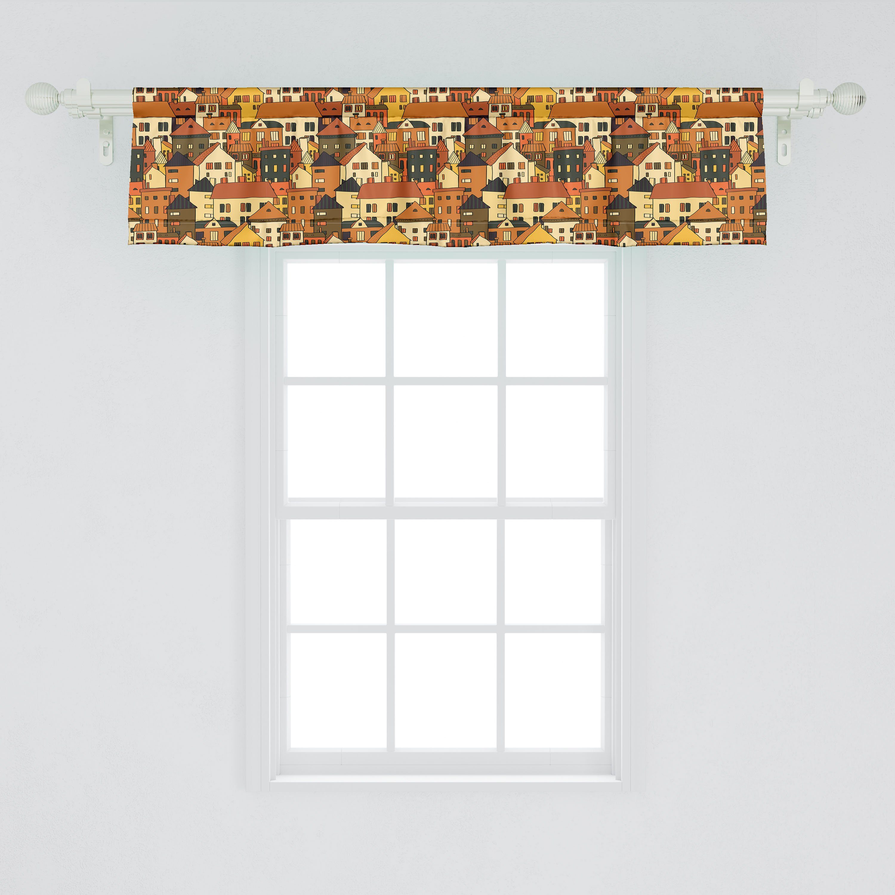 Volant für Abakuhaus, Vorhang Scheibengardine Microfaser, mit Stadt Küche Dekor Schlafzimmer Stangentasche, Panorama-Illustration