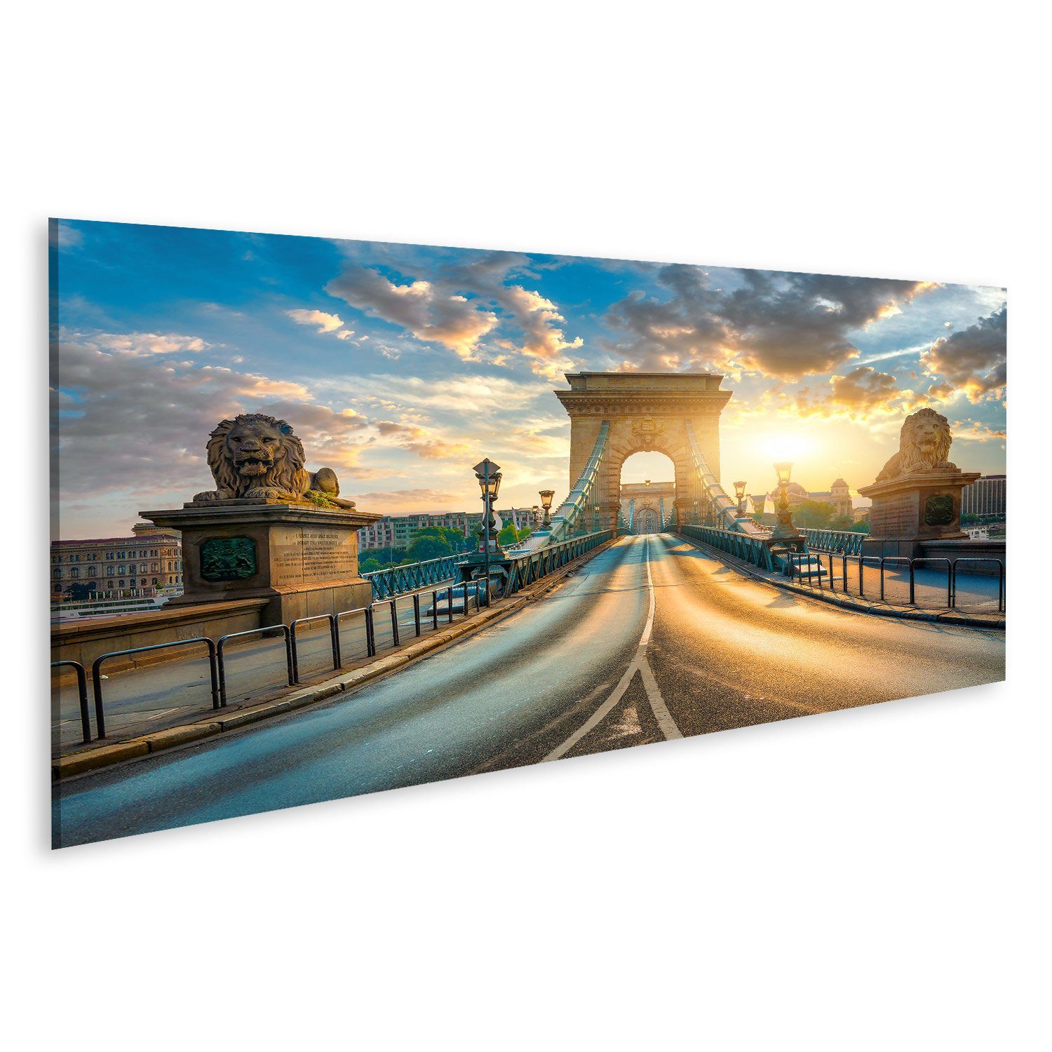 islandburner Leinwandbild Bild auf Leinwand Kettenbrücke Budapest Statuen Löwen Sonnenaufgang Un