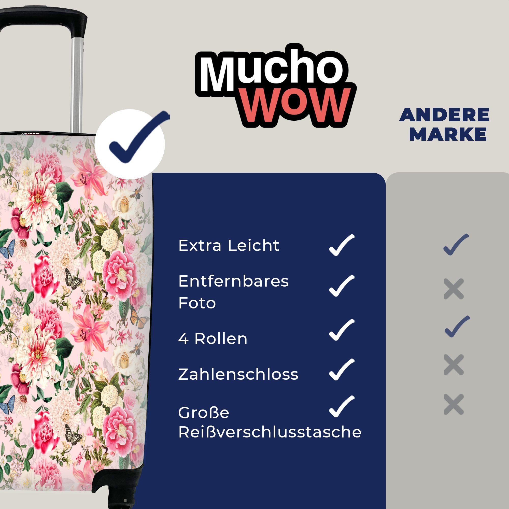 mit Reisetasche 4 Rollen, Farben, - Handgepäckkoffer MuchoWow für Reisekoffer Trolley, Handgepäck Blumen Ferien, - rollen, Insekten