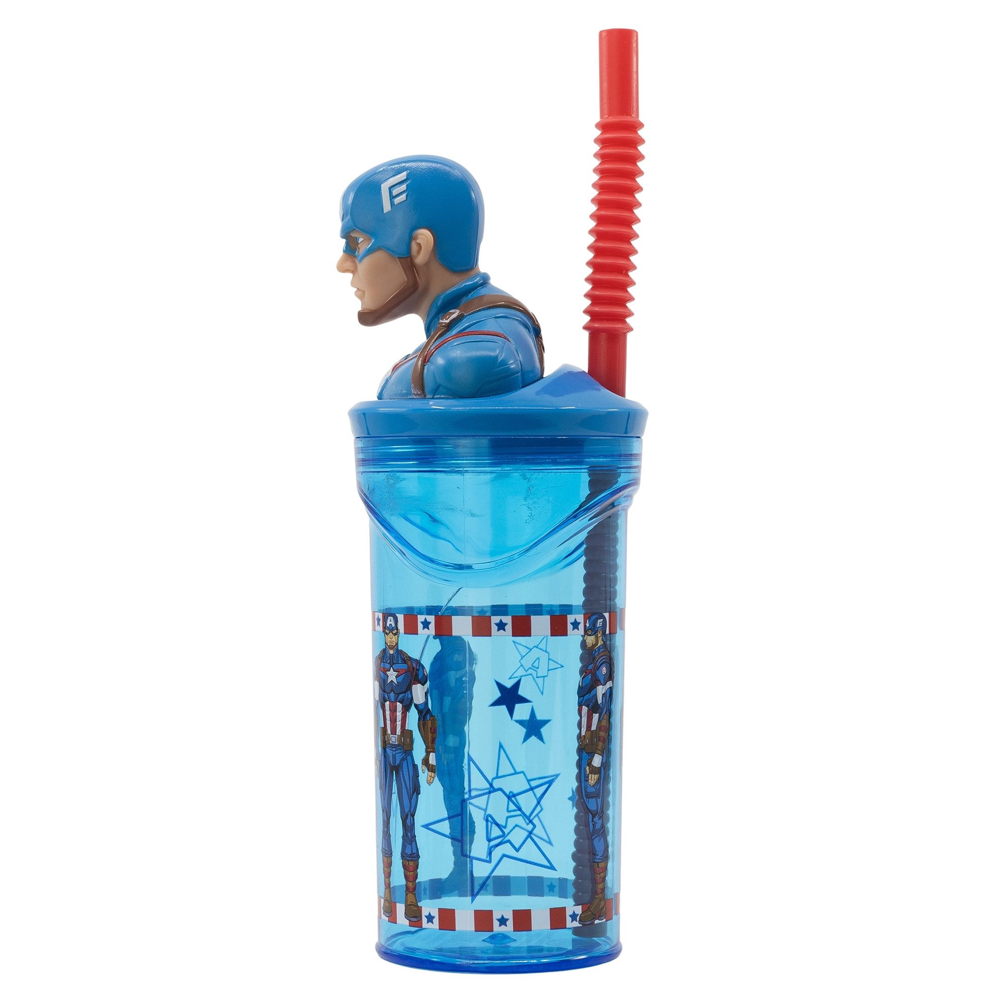 MARVEL Kinderbecher Captain America 3D Deckel Kinder Trinkbecher mit integriertem Halm, 360 ml