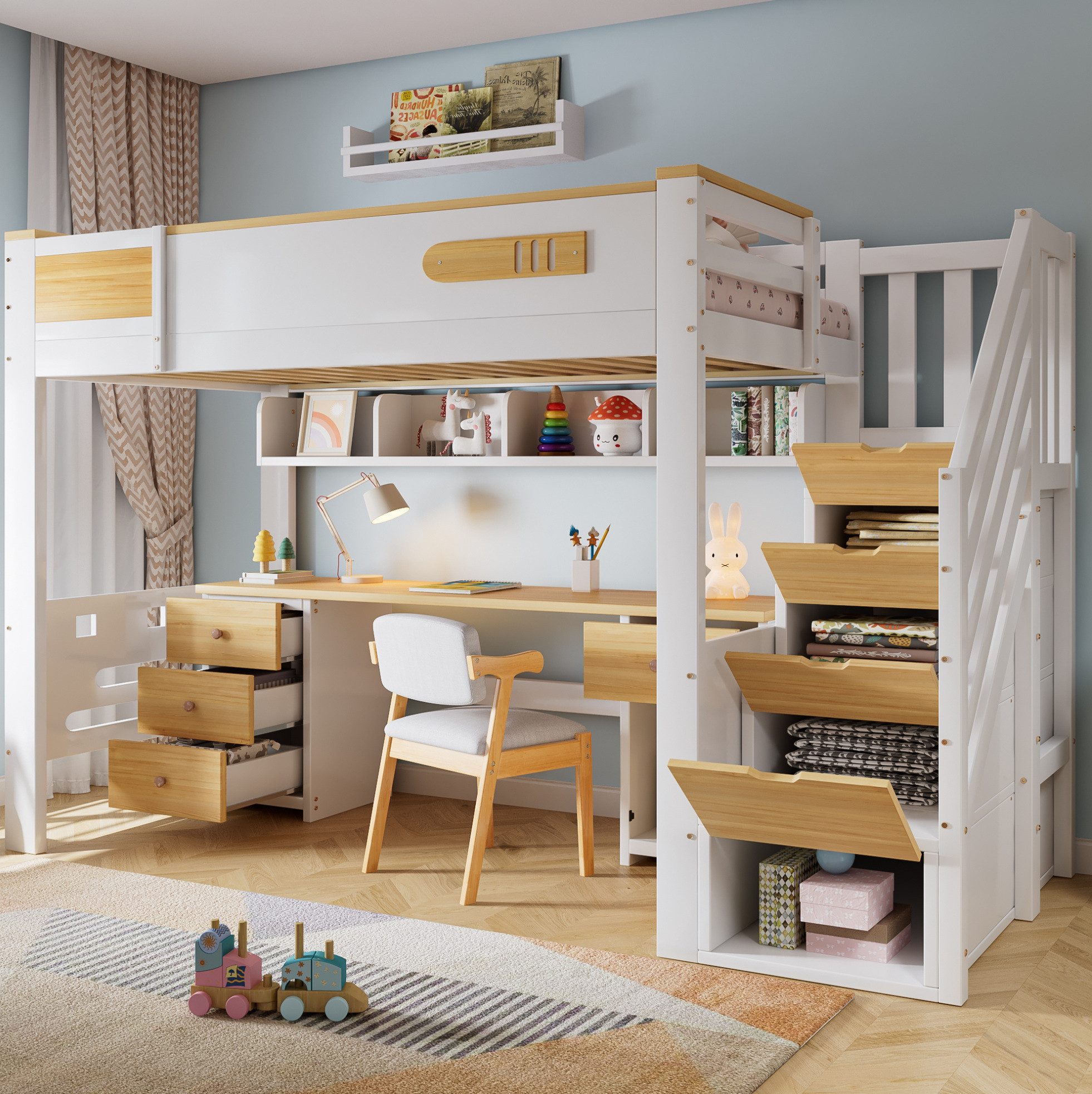 MODFU Hochbett Jugendbett mit Schreibtisch und praktischen Ablagen (Holzbett 90x200 cm, mit Treppenregal, Schubladen und viel Stauraum, Kinderbett Stauraumbett) ohne Matratze